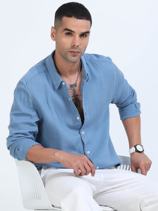 Men Blue Cotton Double Cloth Shirt