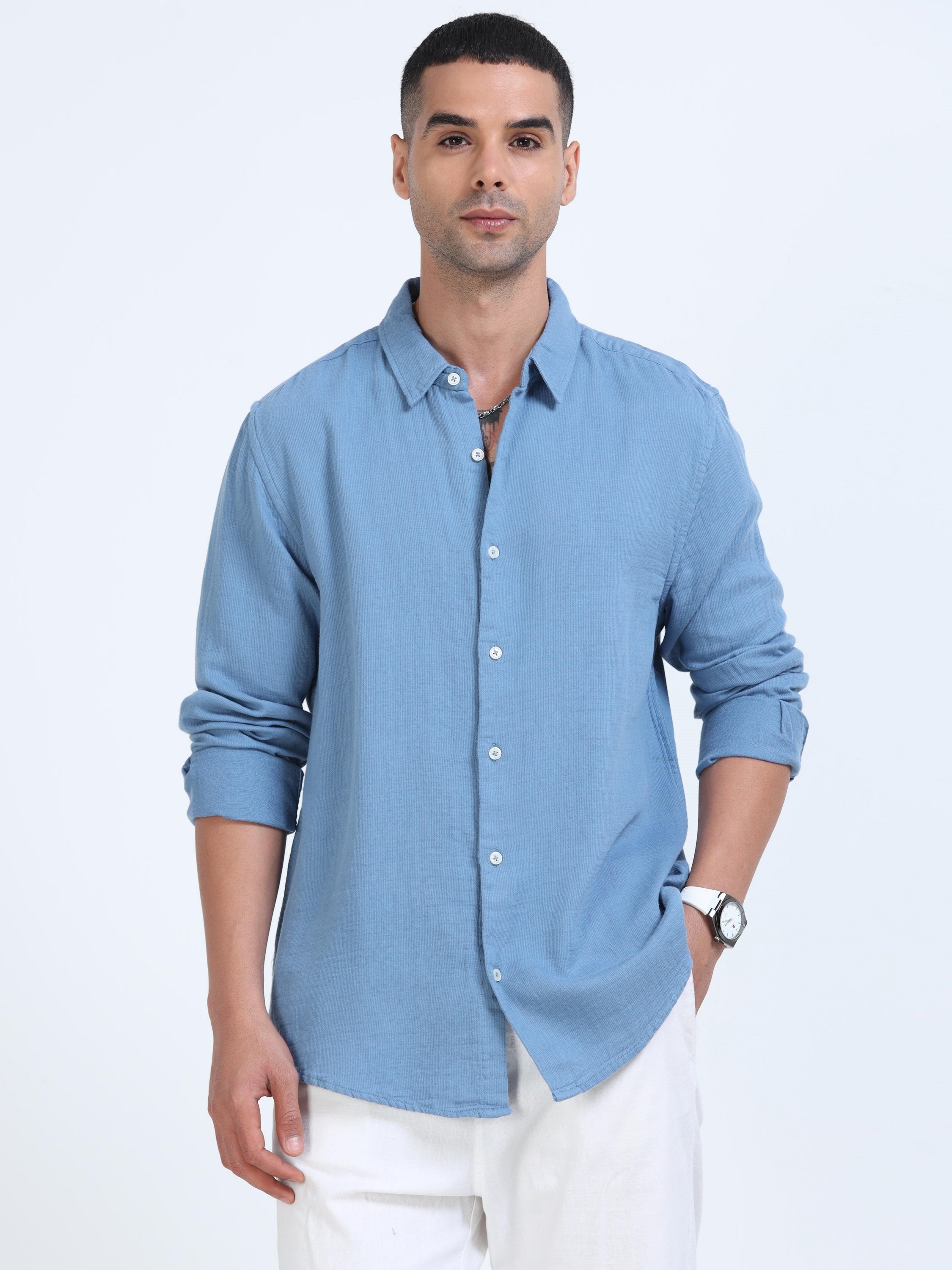 Men Blue Cotton Double Cloth Shirt