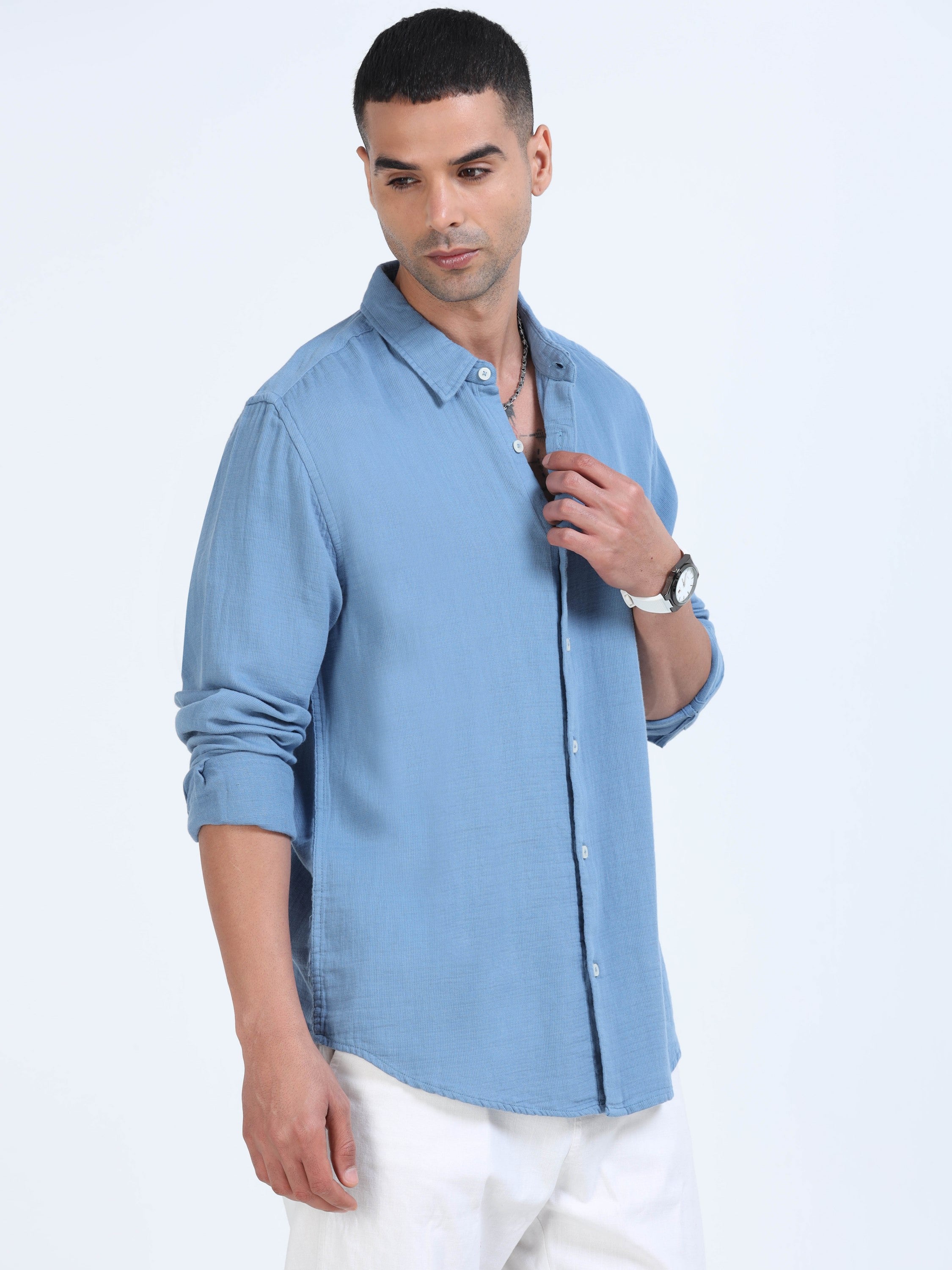 Men Blue Cotton Double Cloth Shirt