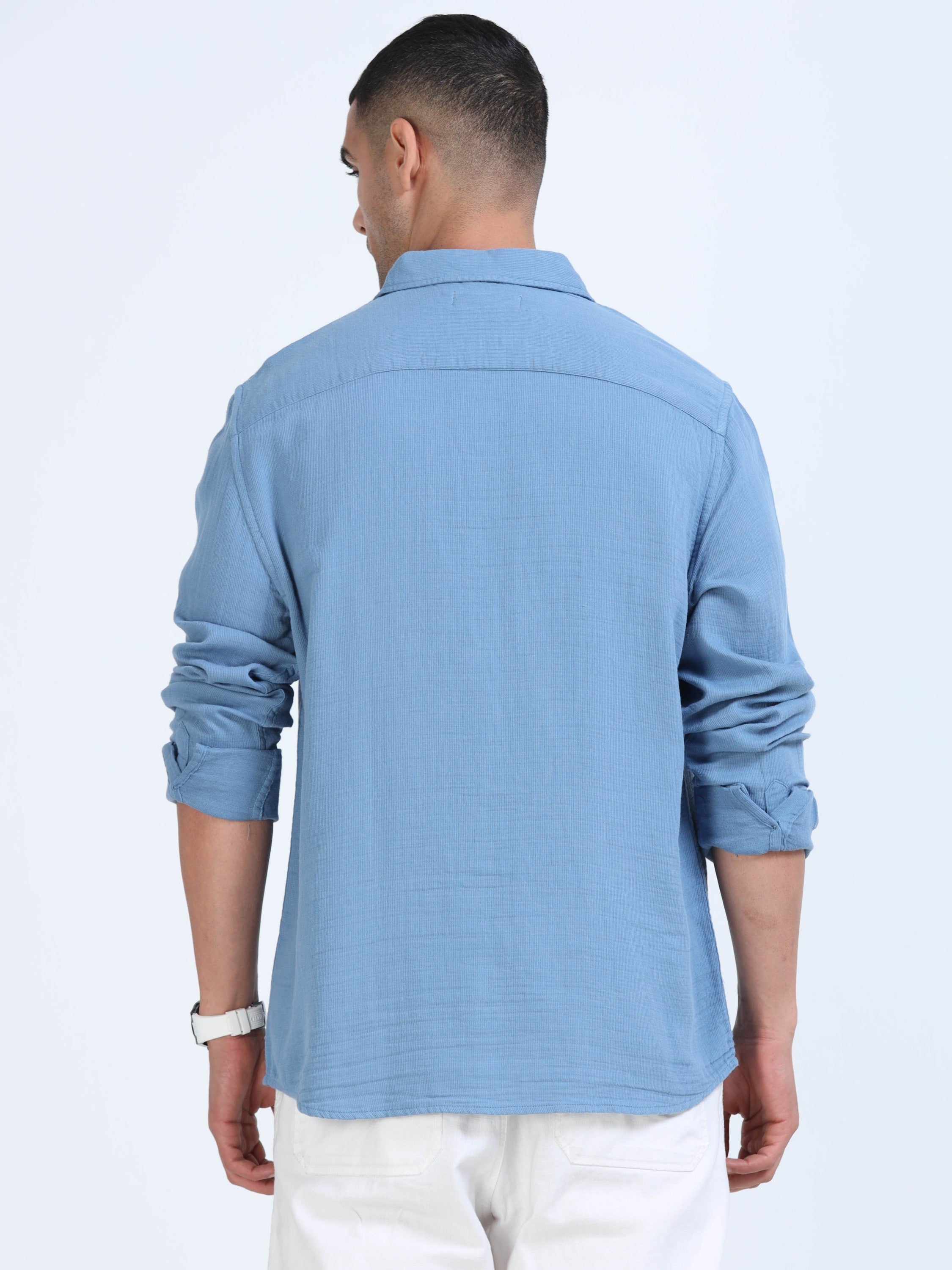 Men Blue Cotton Double Cloth Shirt