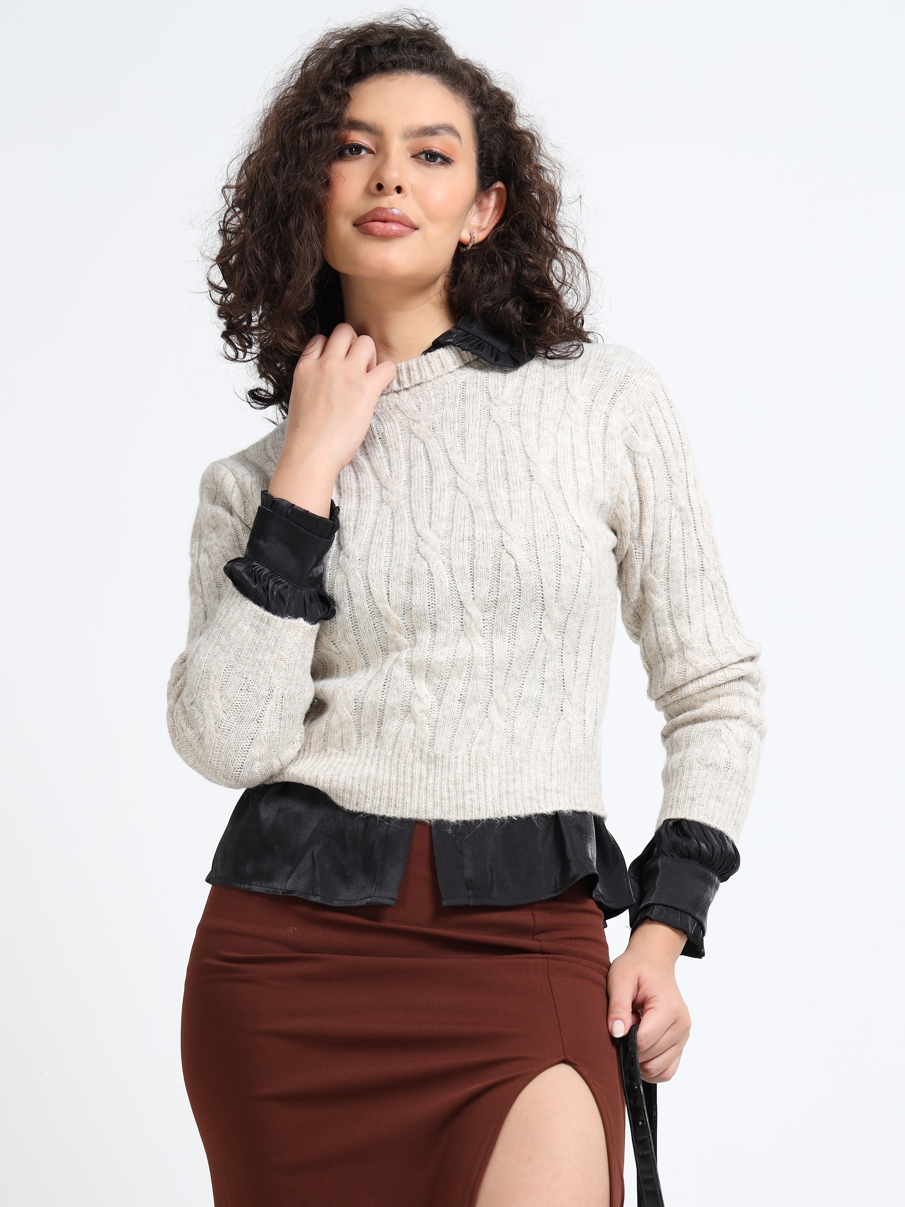 Women Beige Cable Knit Sweater