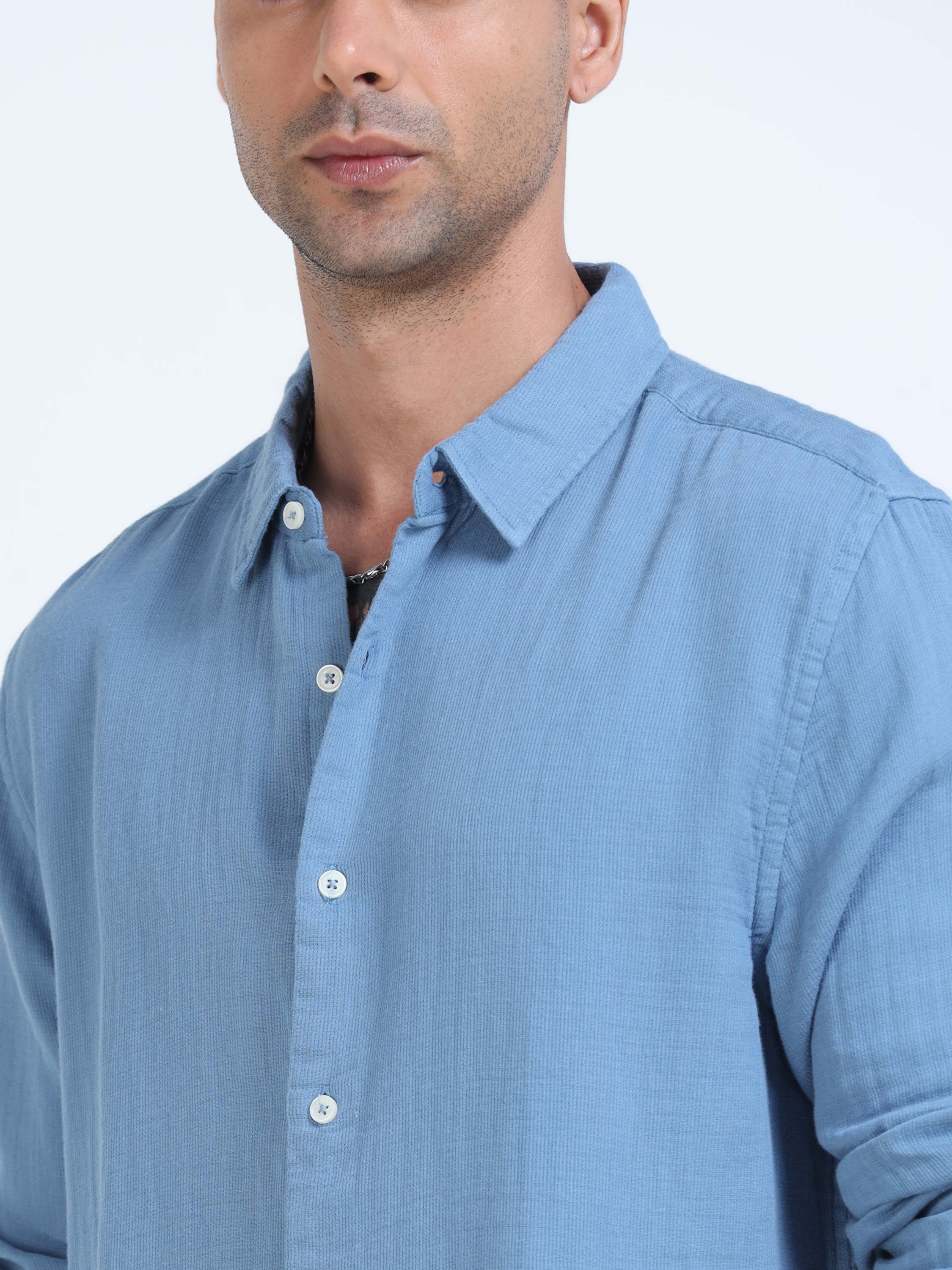 Men Blue Cotton Double Cloth Shirt