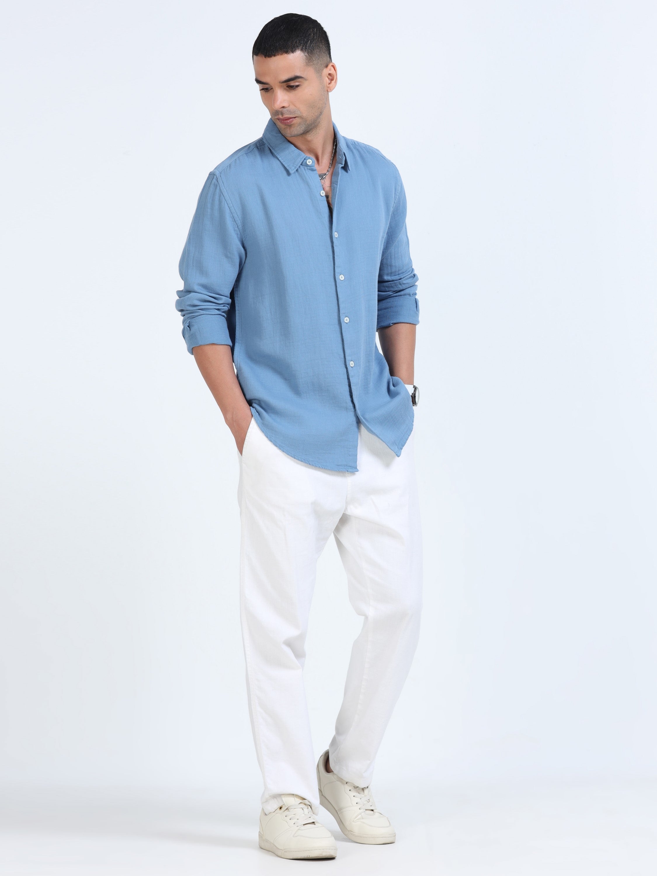 Men Blue Cotton Double Cloth Shirt