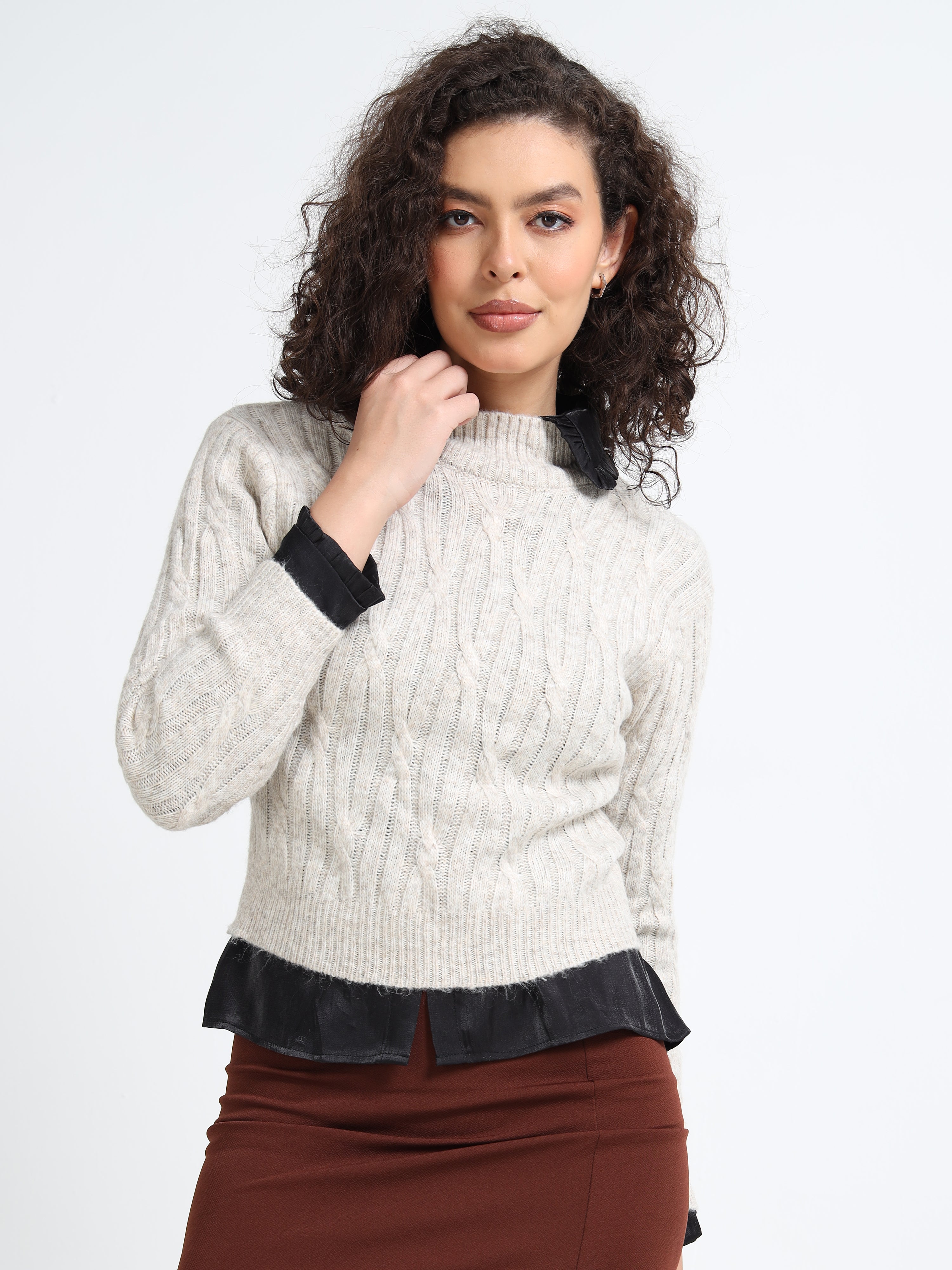 Women Beige Cable Knit Sweater