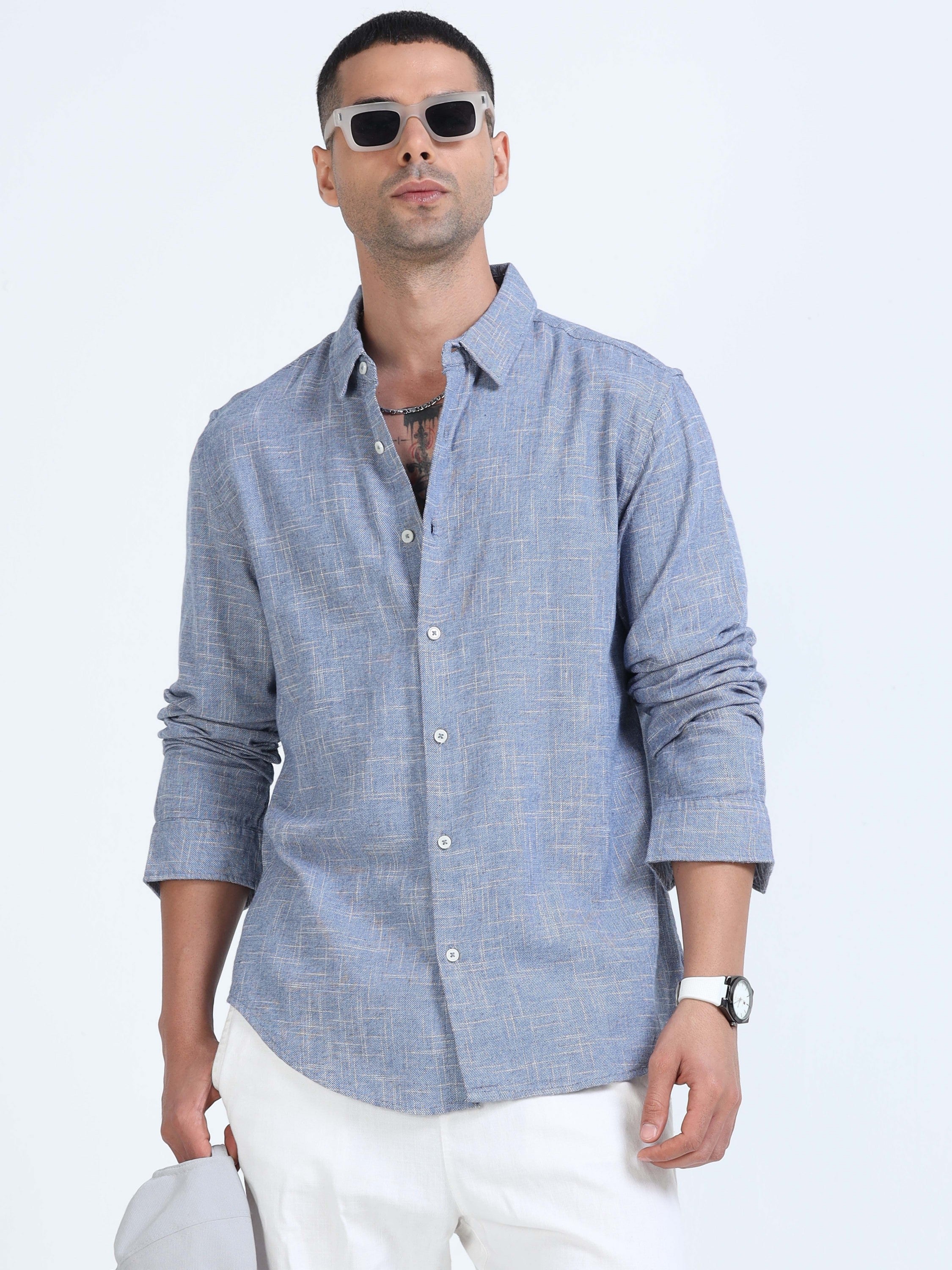 Men Blue Slub Textured Shirt