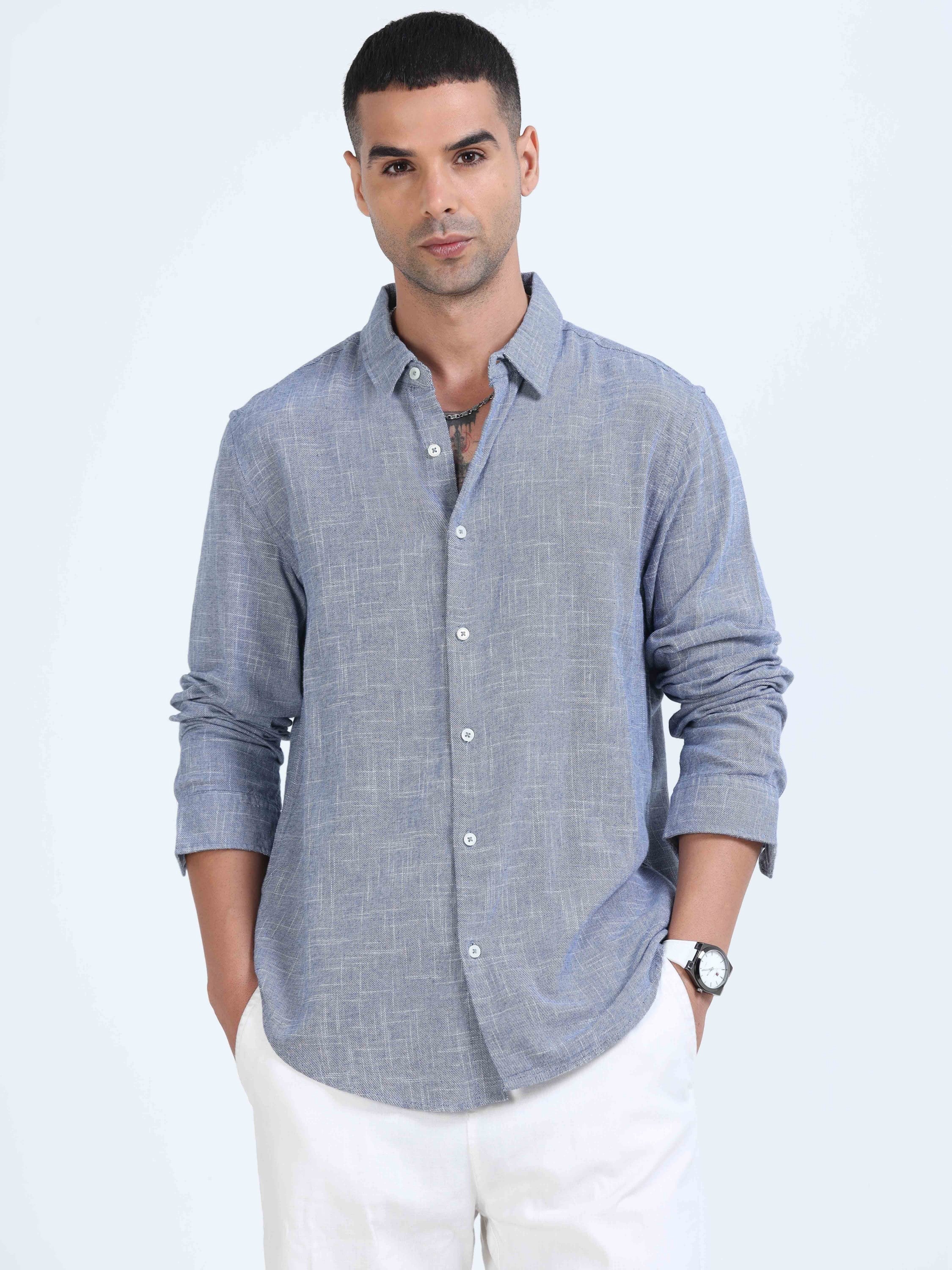 Men Blue Slub Textured Shirt