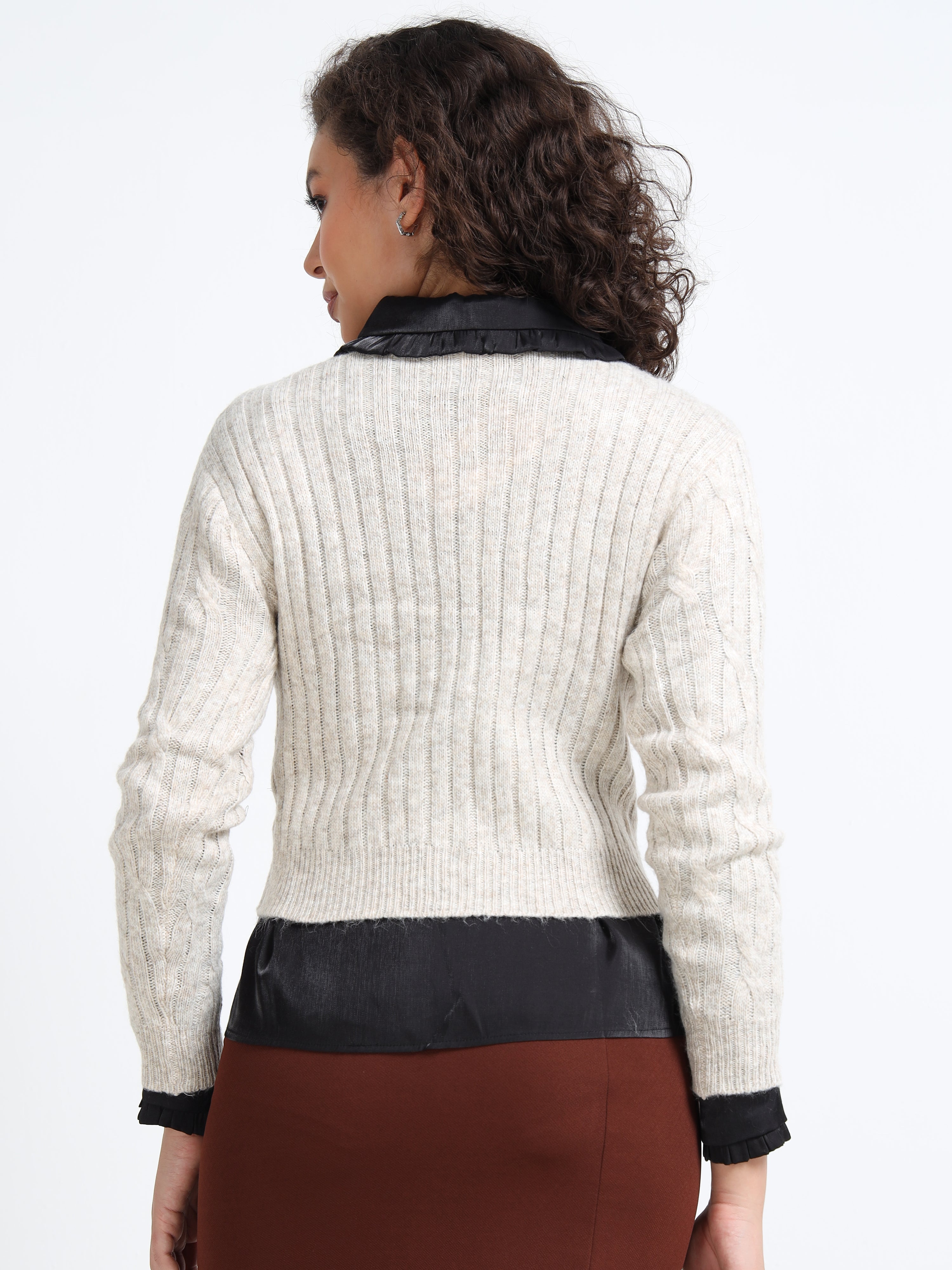 Women Beige Cable Knit Sweater