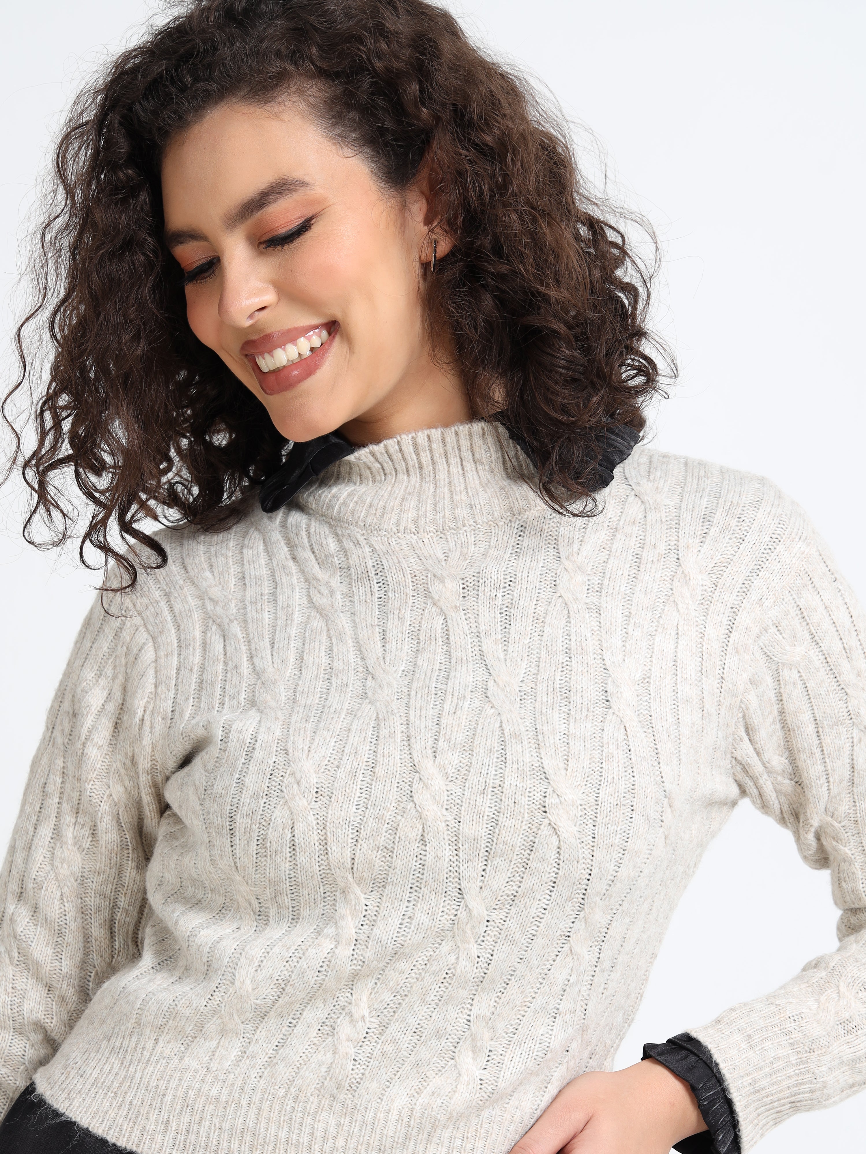 Women Beige Cable Knit Sweater