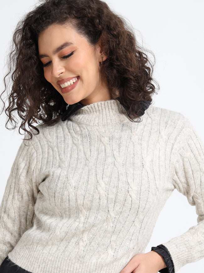 Women Beige Cable Knit Sweater