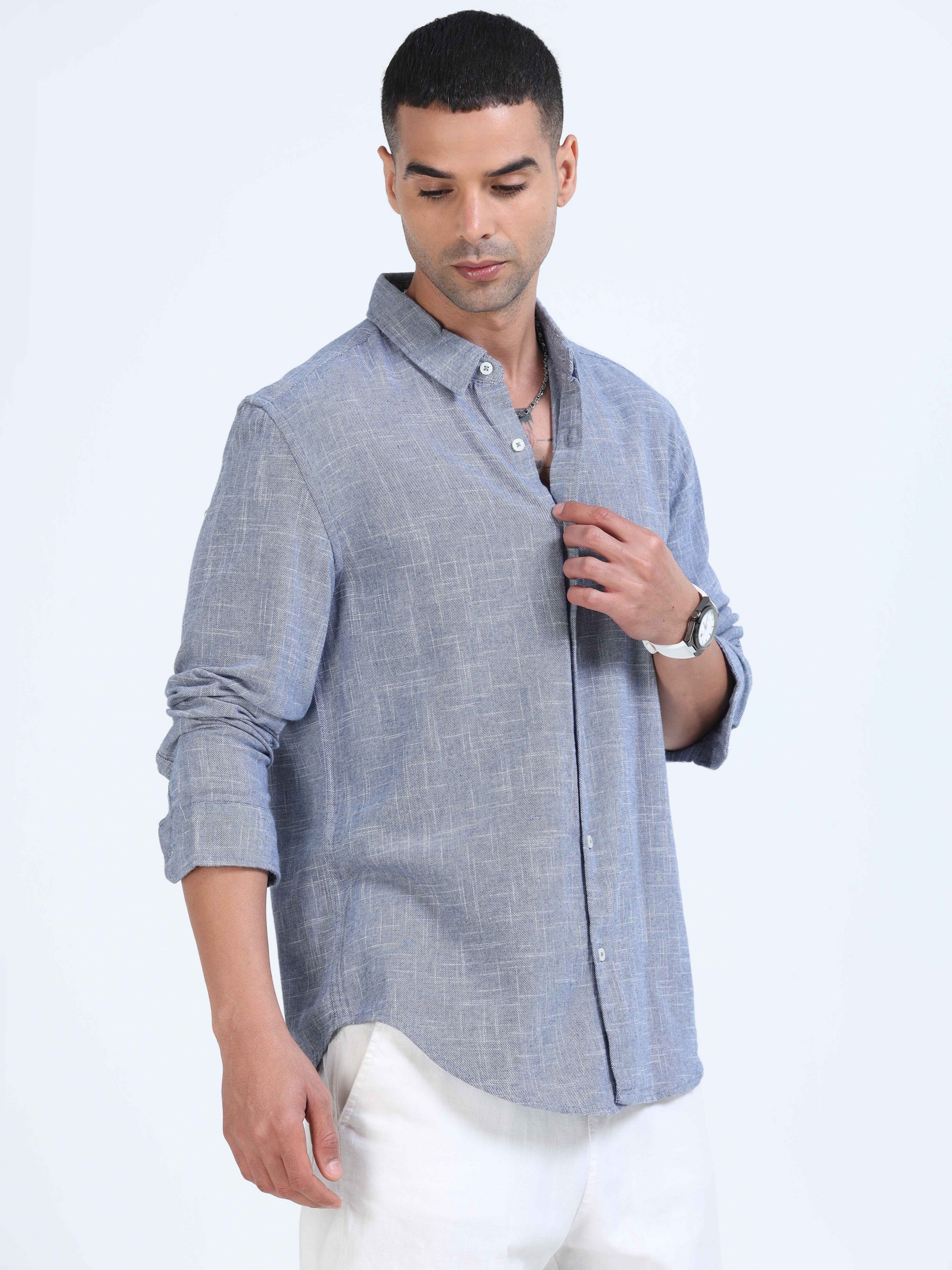 Men Blue Slub Textured Shirt