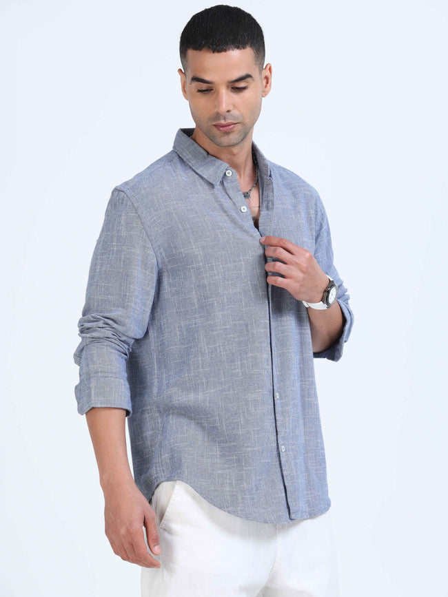 Men Blue Slub Textured Shirt