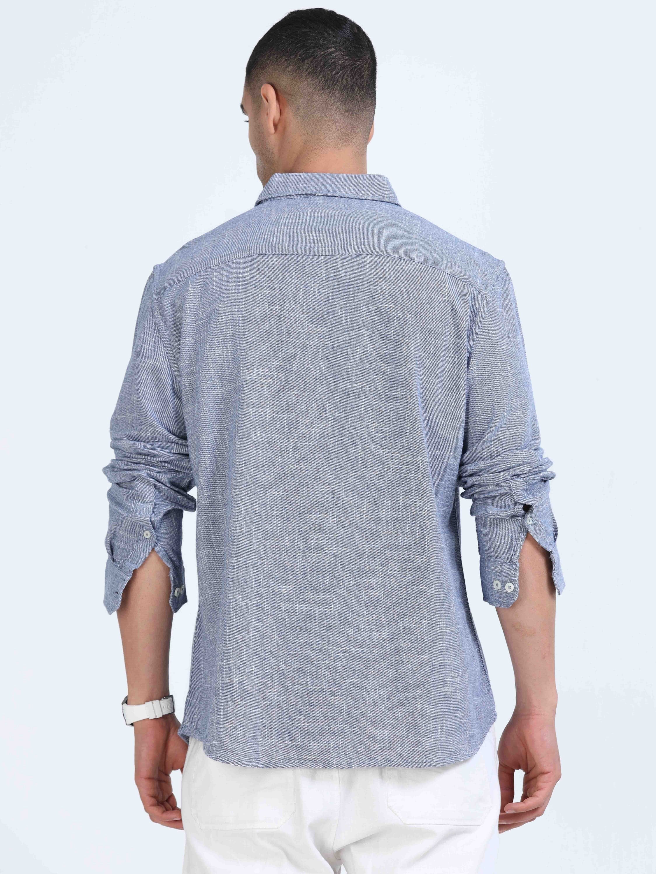 Men Blue Slub Textured Shirt