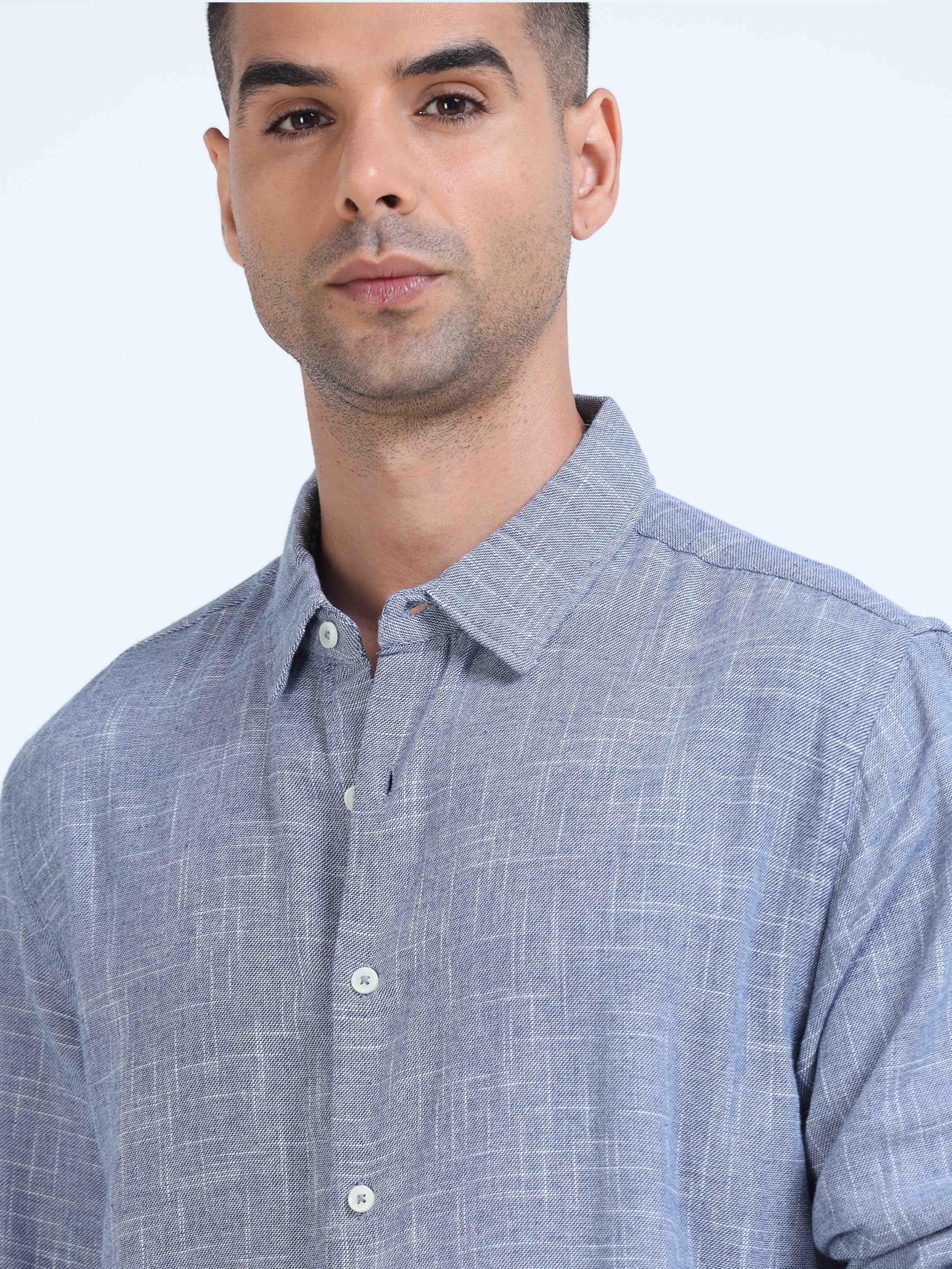 Men Blue Slub Textured Shirt