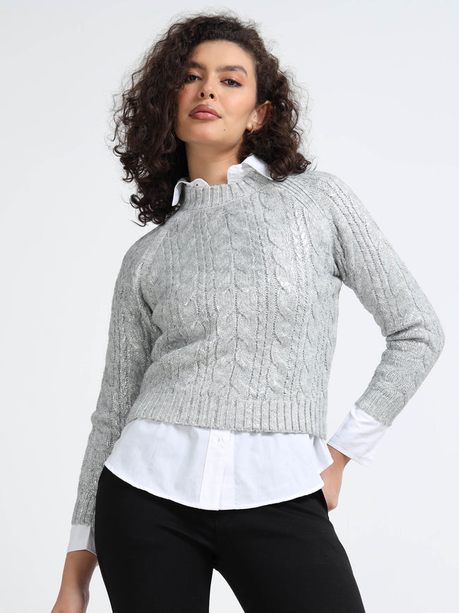 Women Silver Cable Knit Sweater