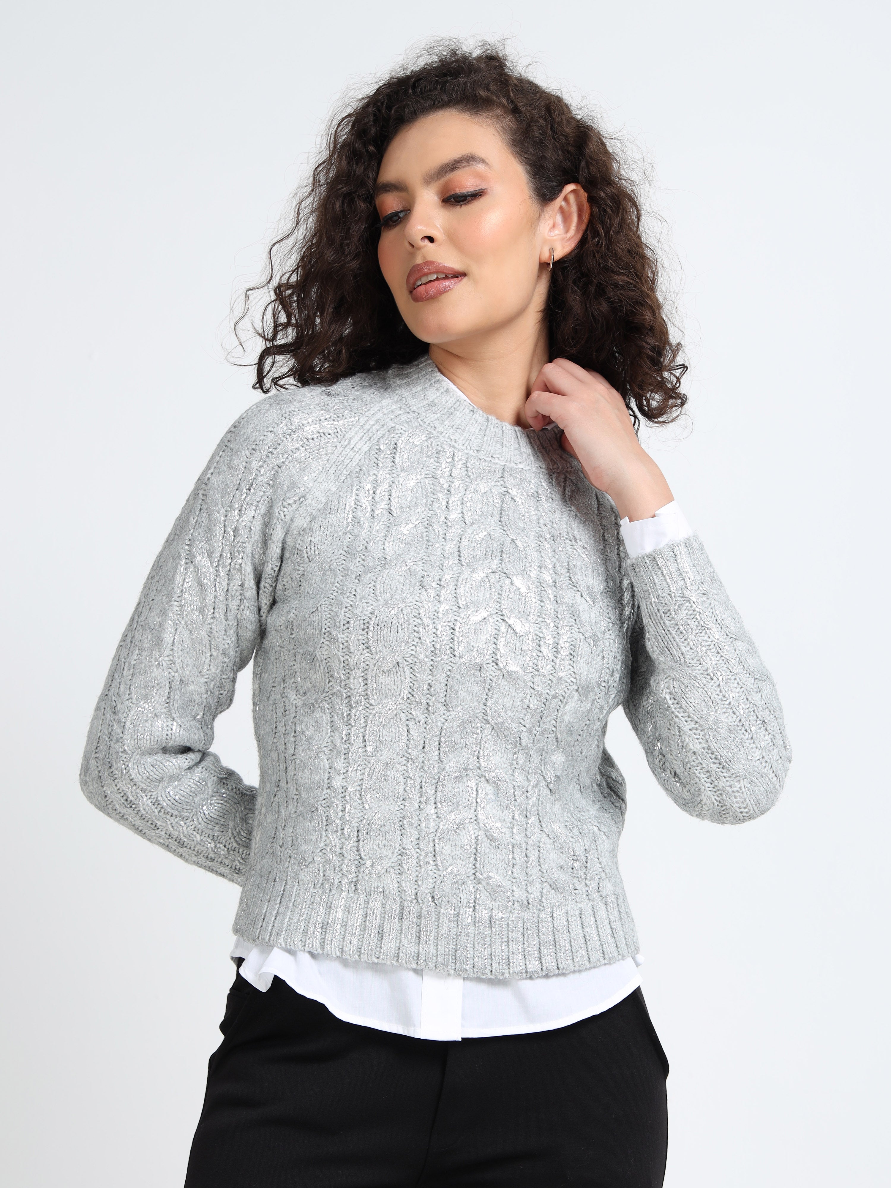 Women Silver Cable Knit Sweater