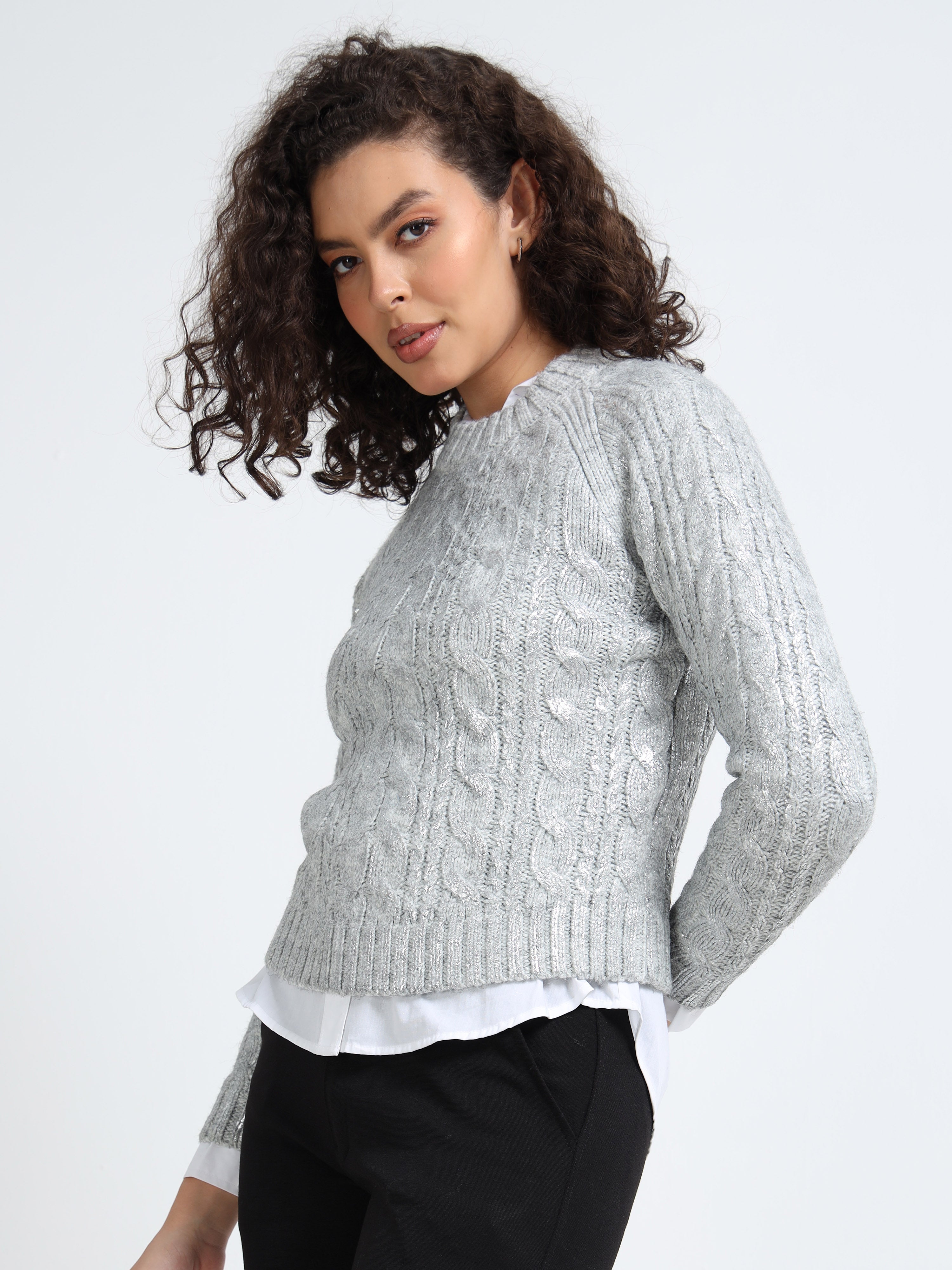 Women Silver Cable Knit Sweater