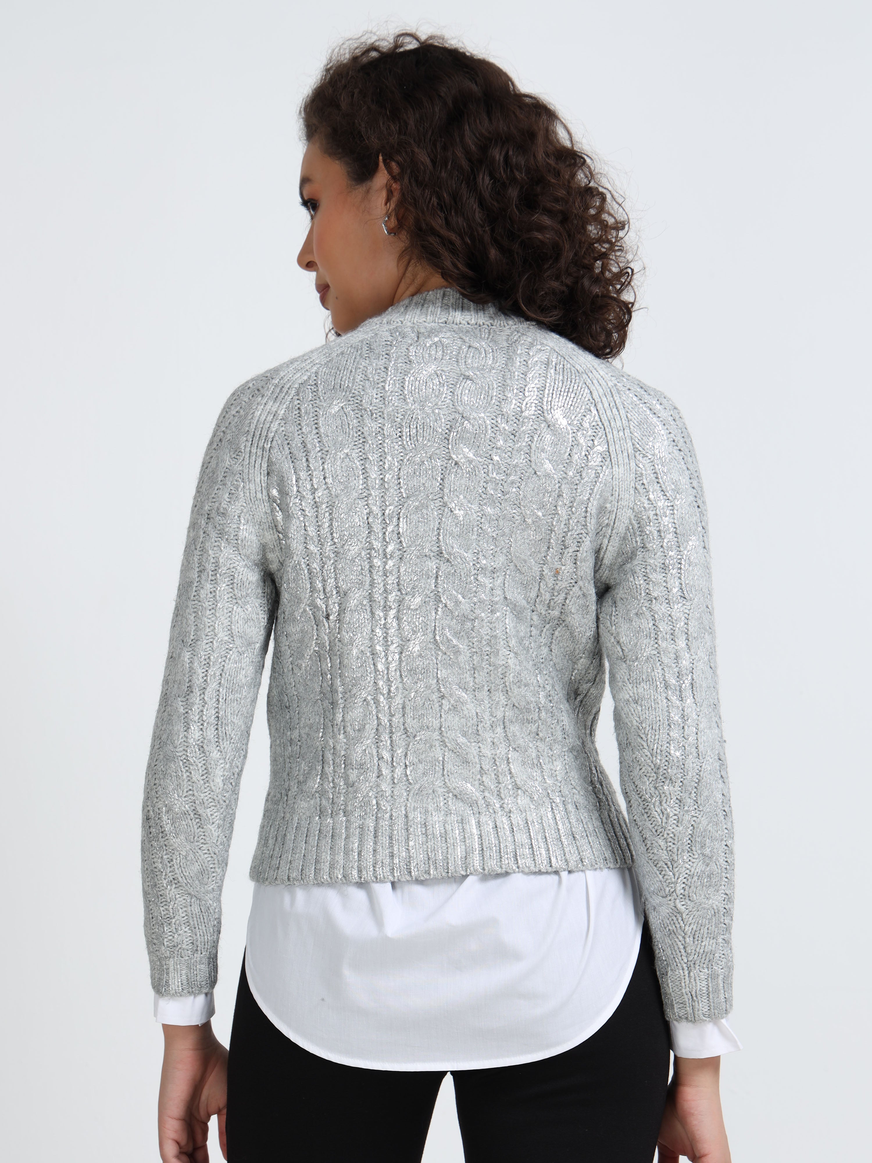 Women Silver Cable Knit Sweater