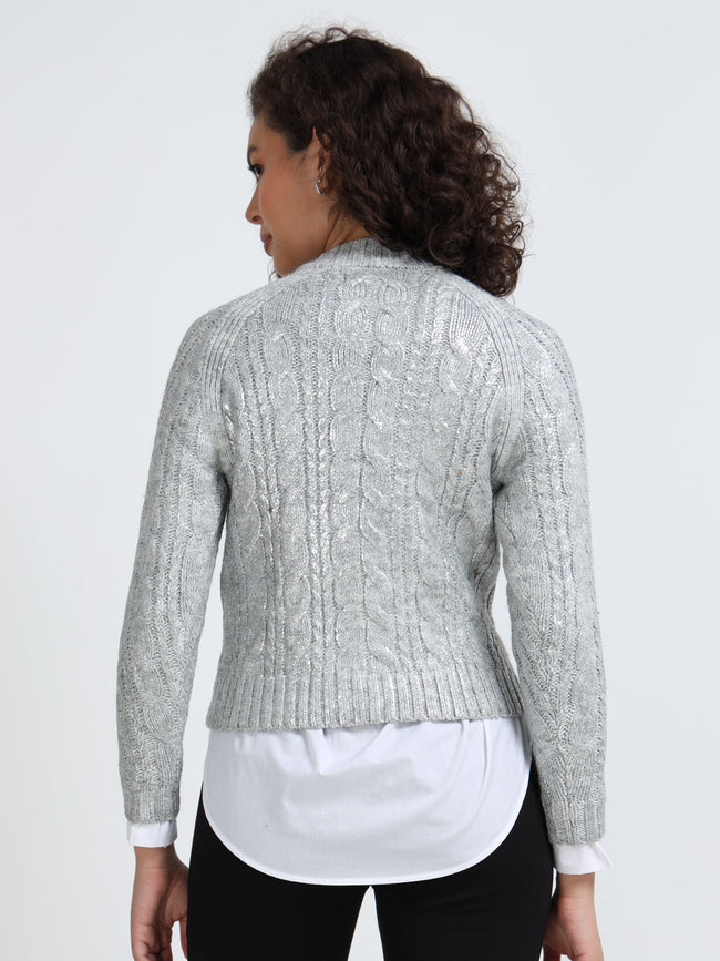 Women Silver Cable Knit Sweater