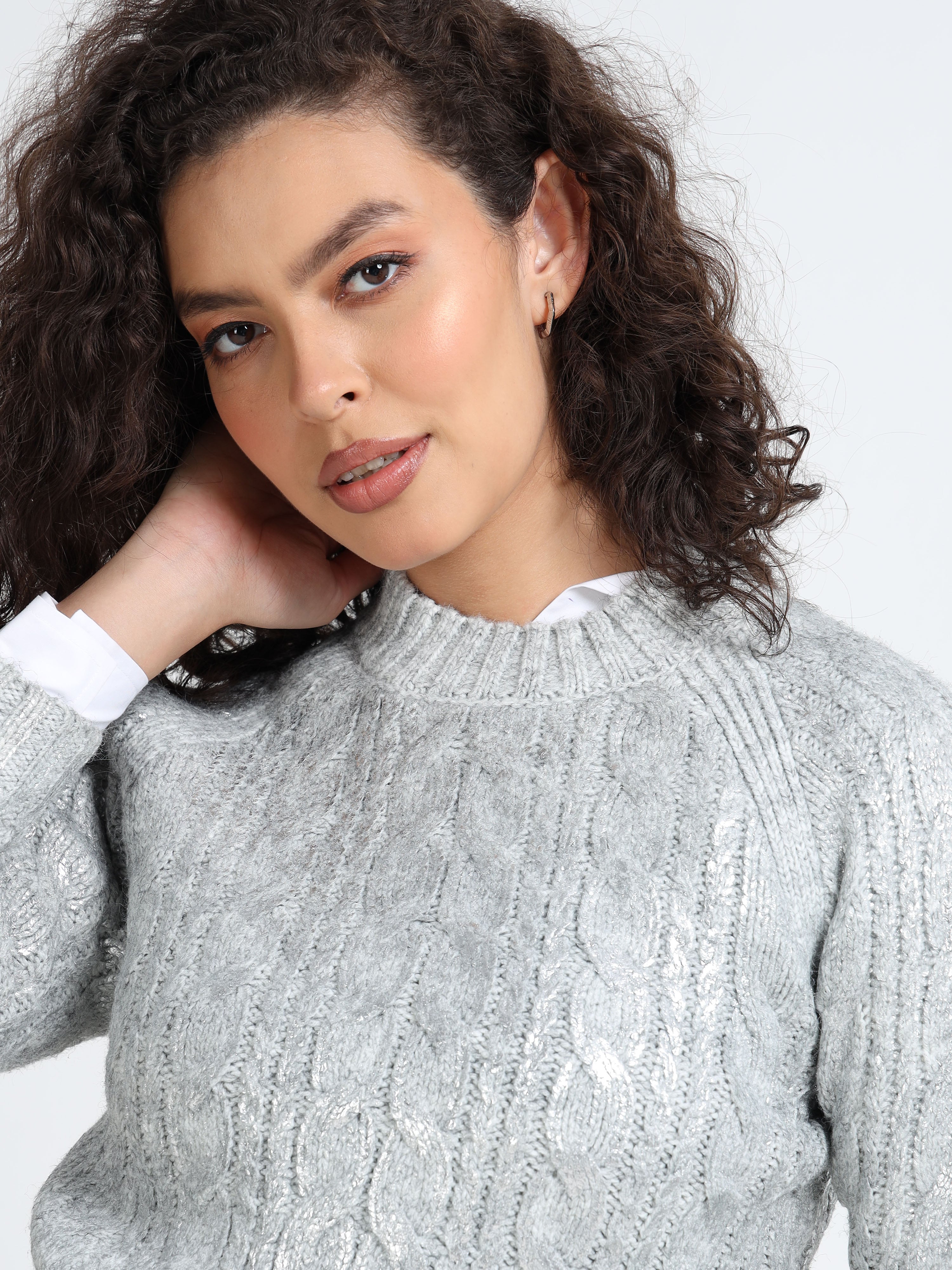 Women Silver Cable Knit Sweater