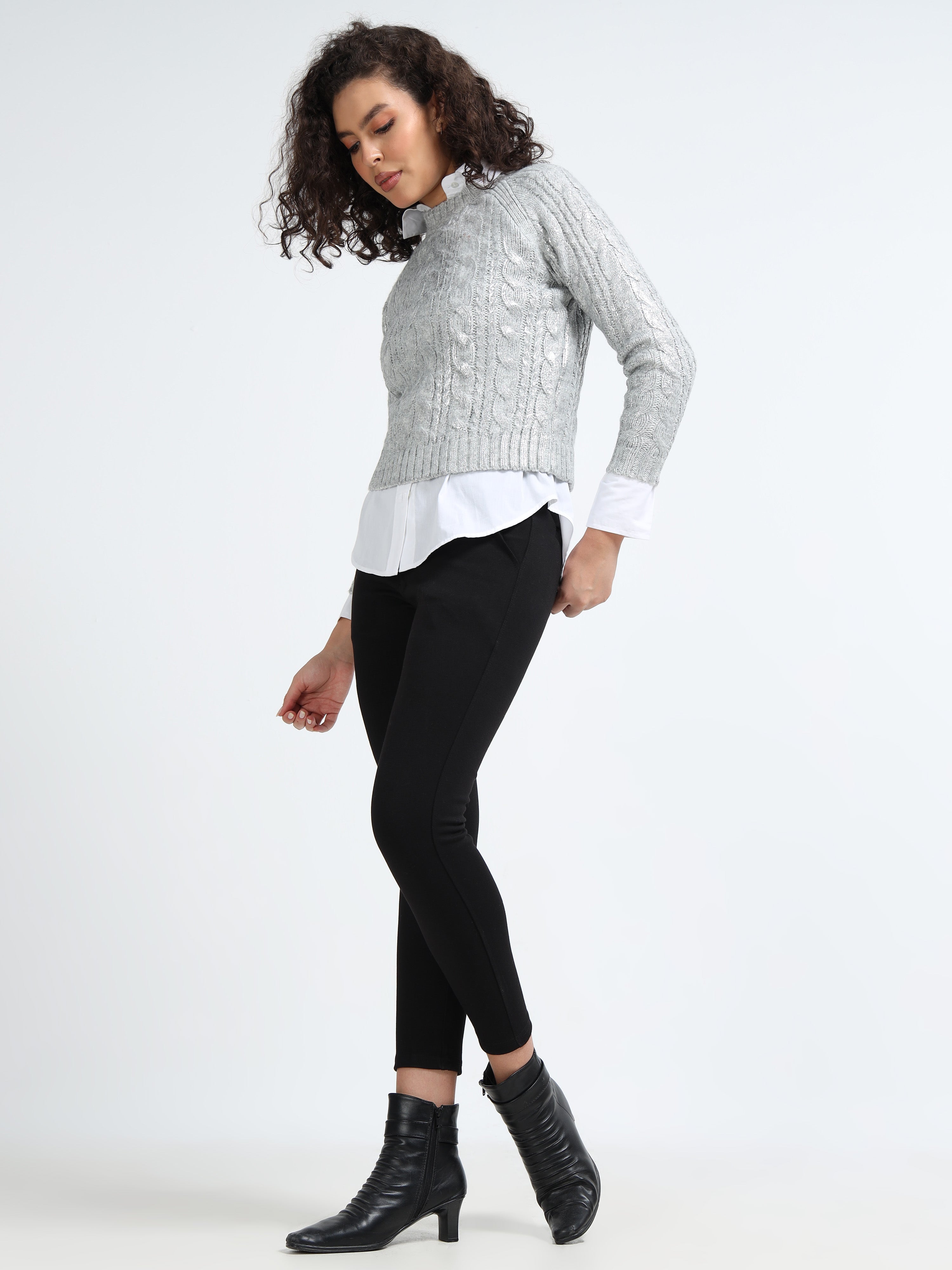 Women Silver Cable Knit Sweater