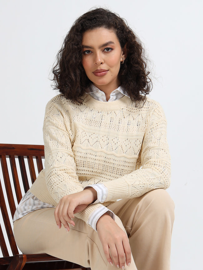 Women Cream Self Design Sweater