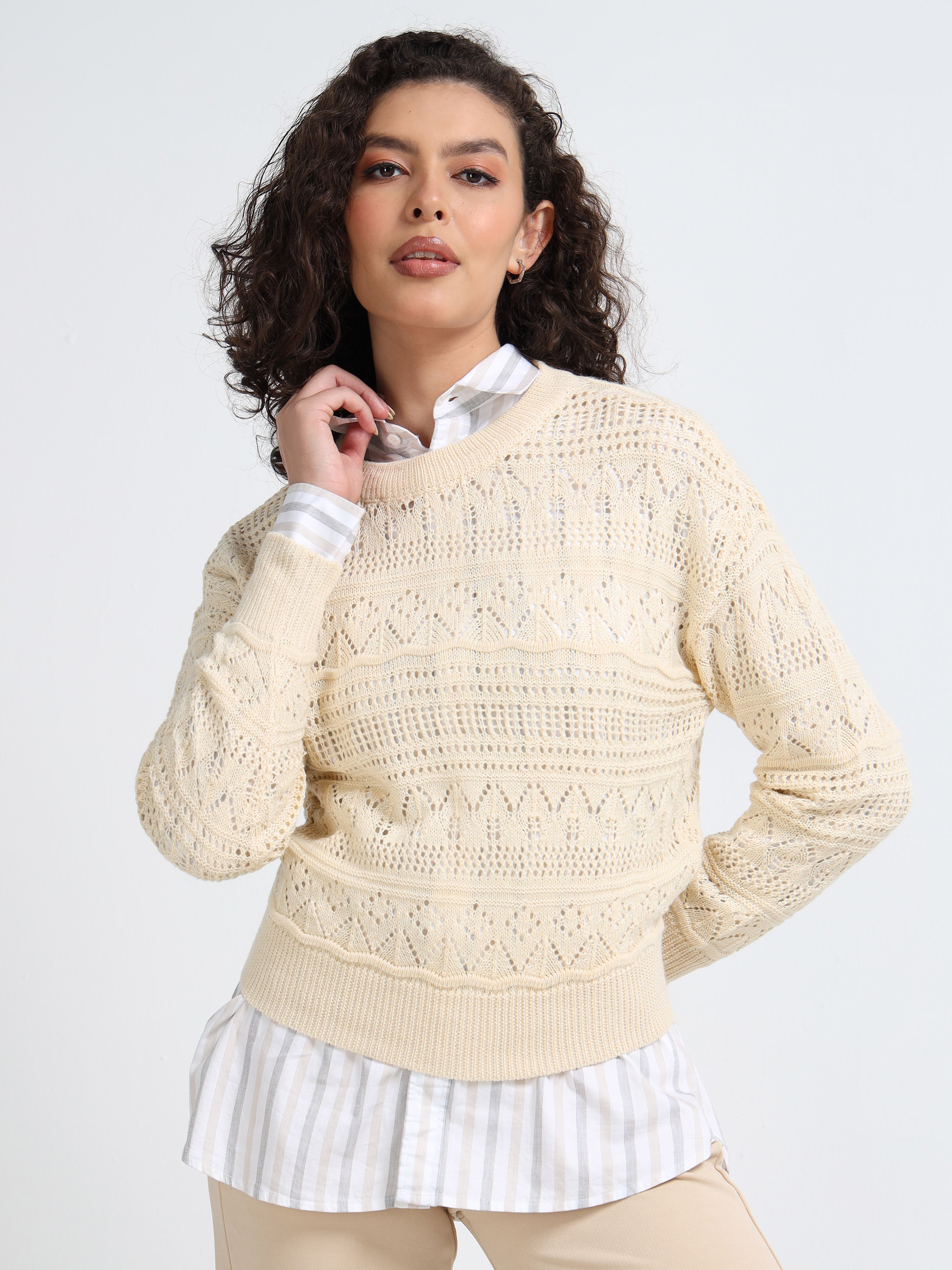Women Cream Self Design Sweater