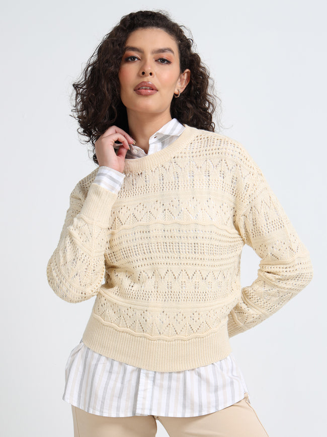 Women Cream Self Design Sweater
