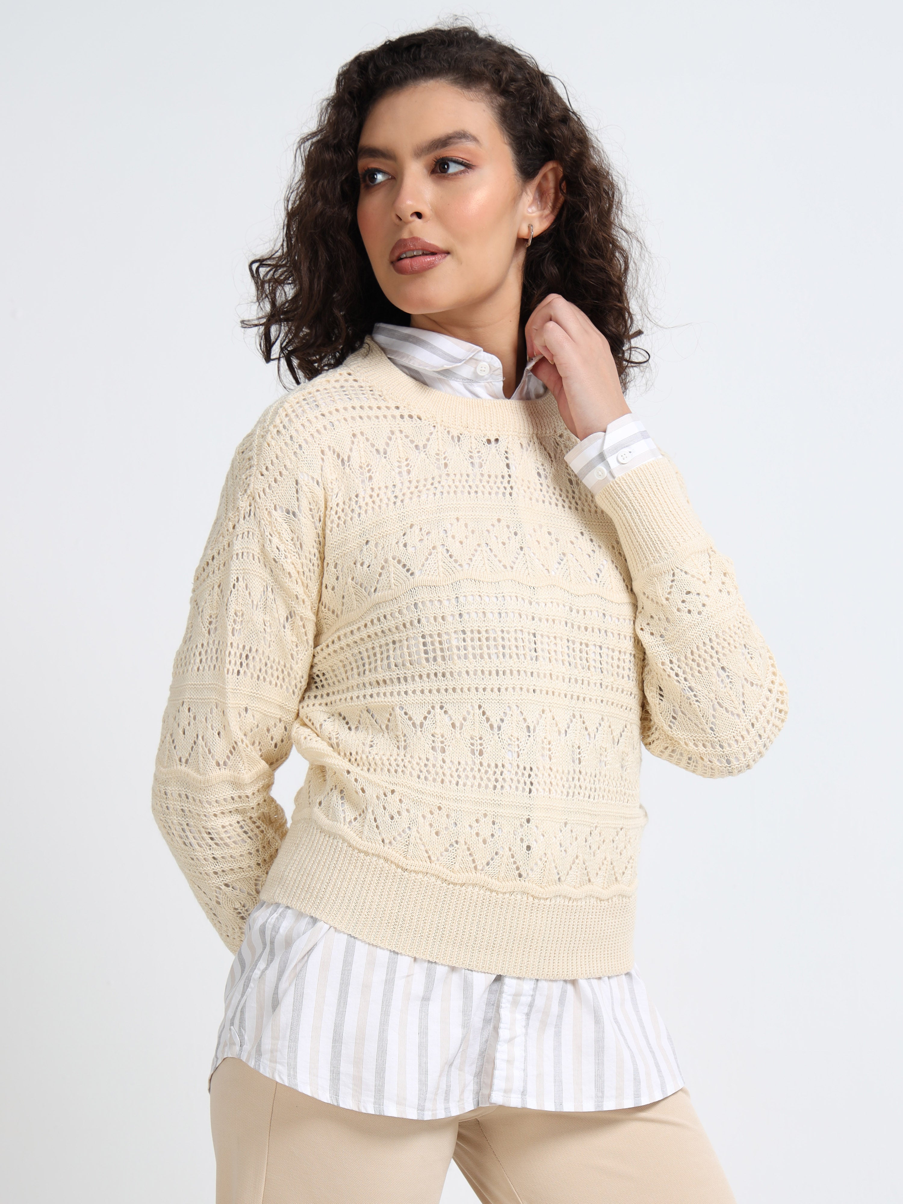Women Cream Self Design Sweater