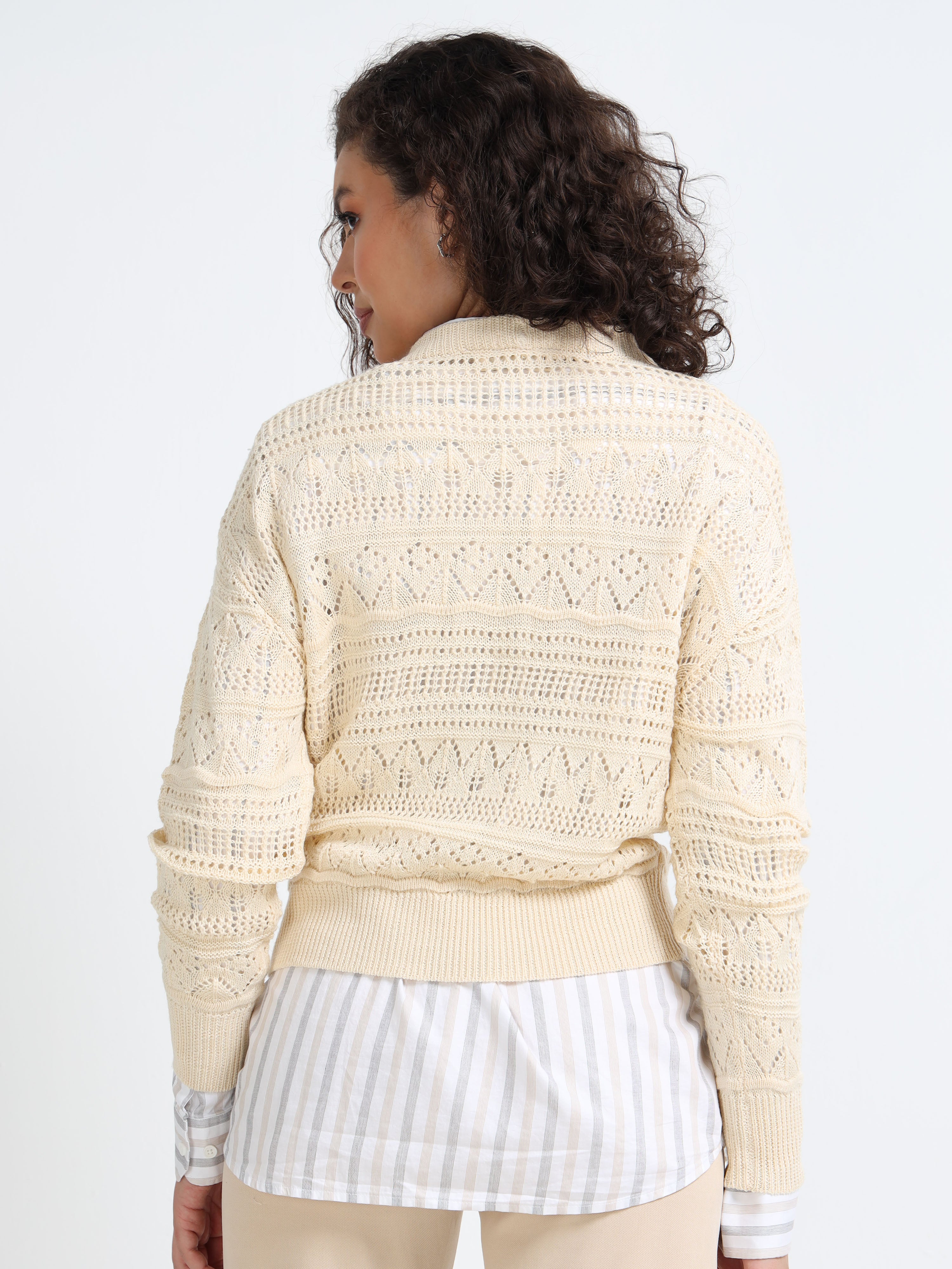 Women Cream Self Design Sweater