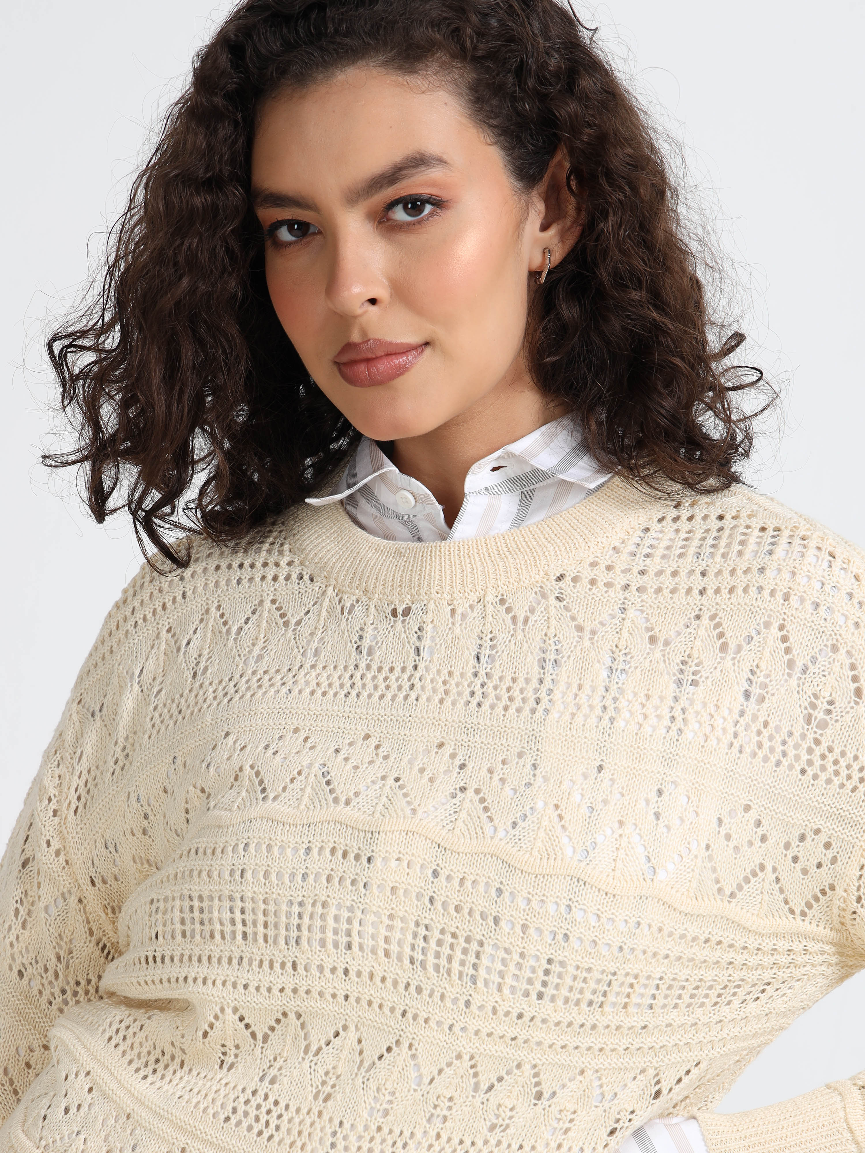 Women Cream Self Design Sweater