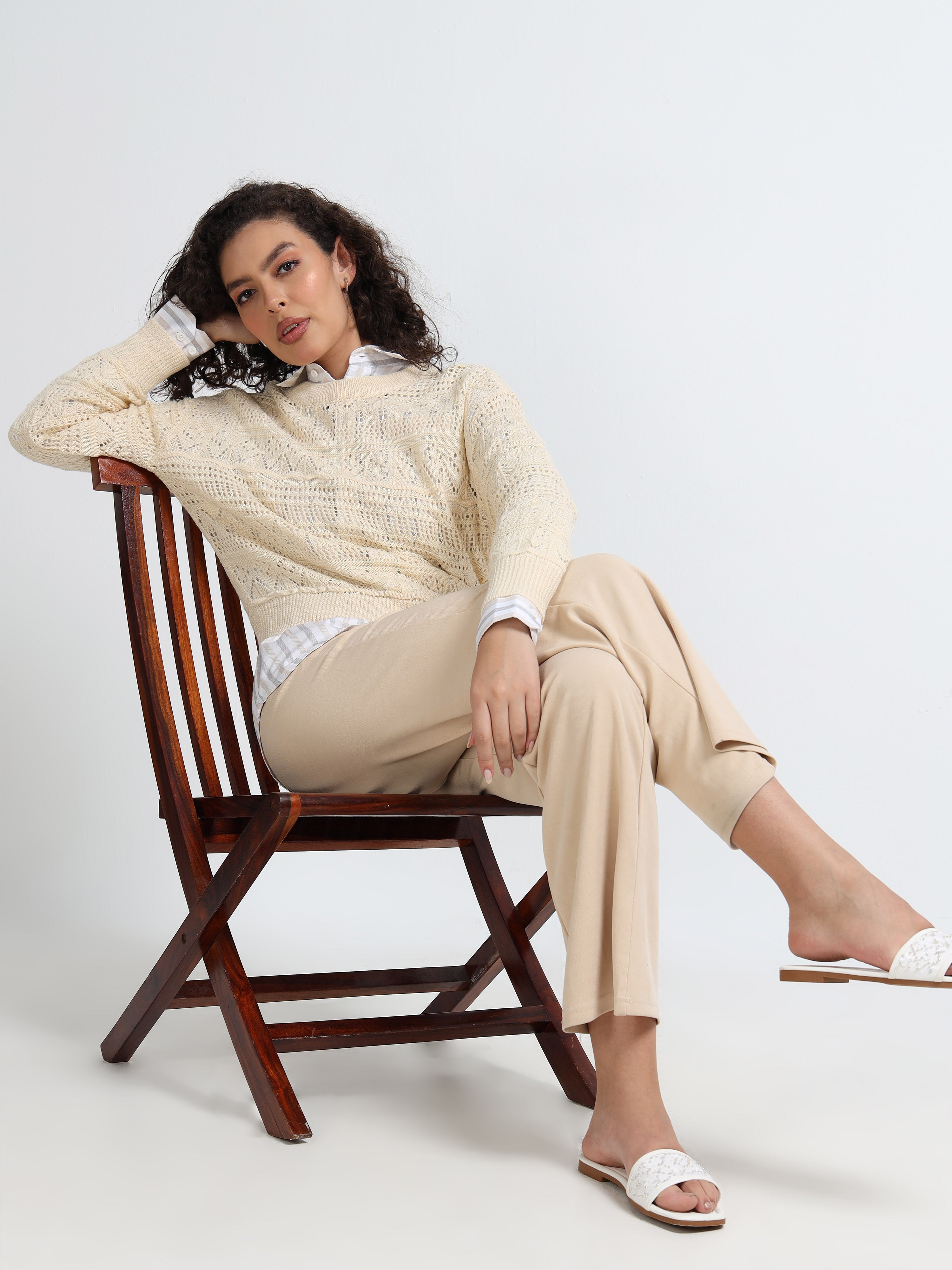 Women Cream Self Design Sweater