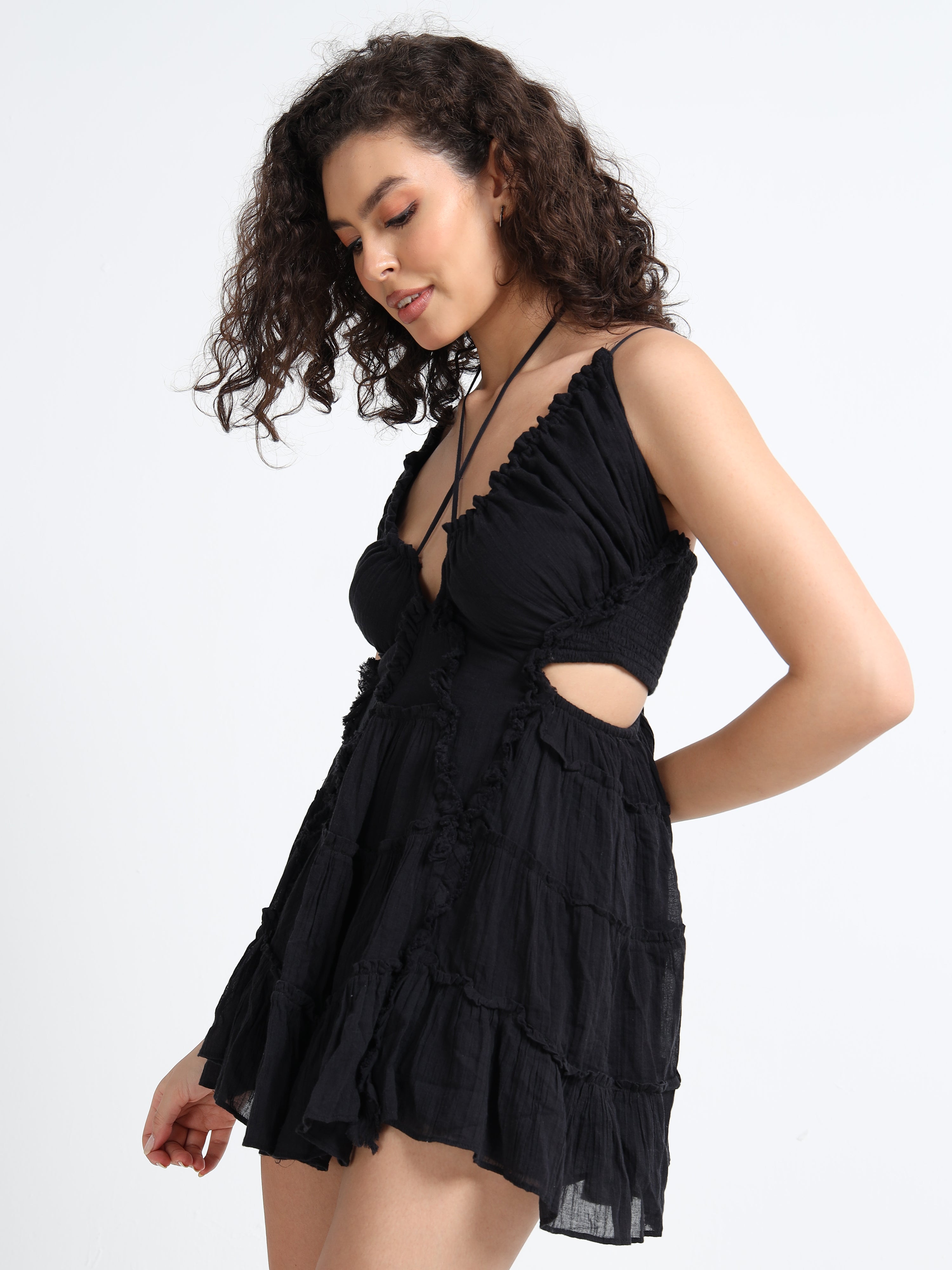 Women Black Frilled Tier Dress