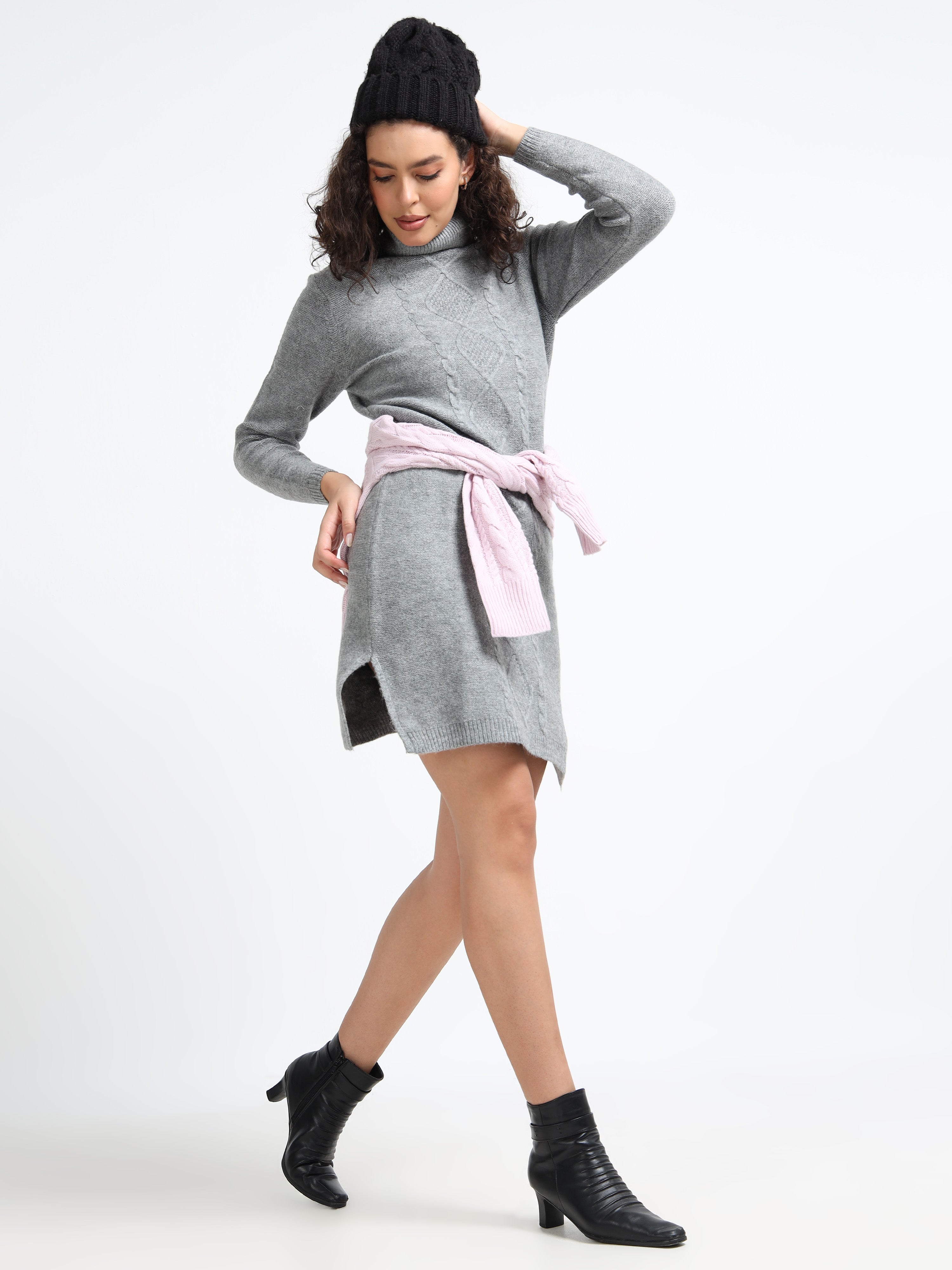 Women Grey Turtle Neck Winter Dress