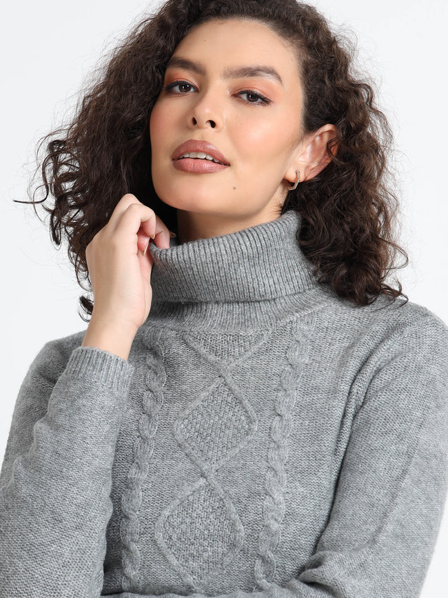 Women Grey Turtle Neck Winter Dress