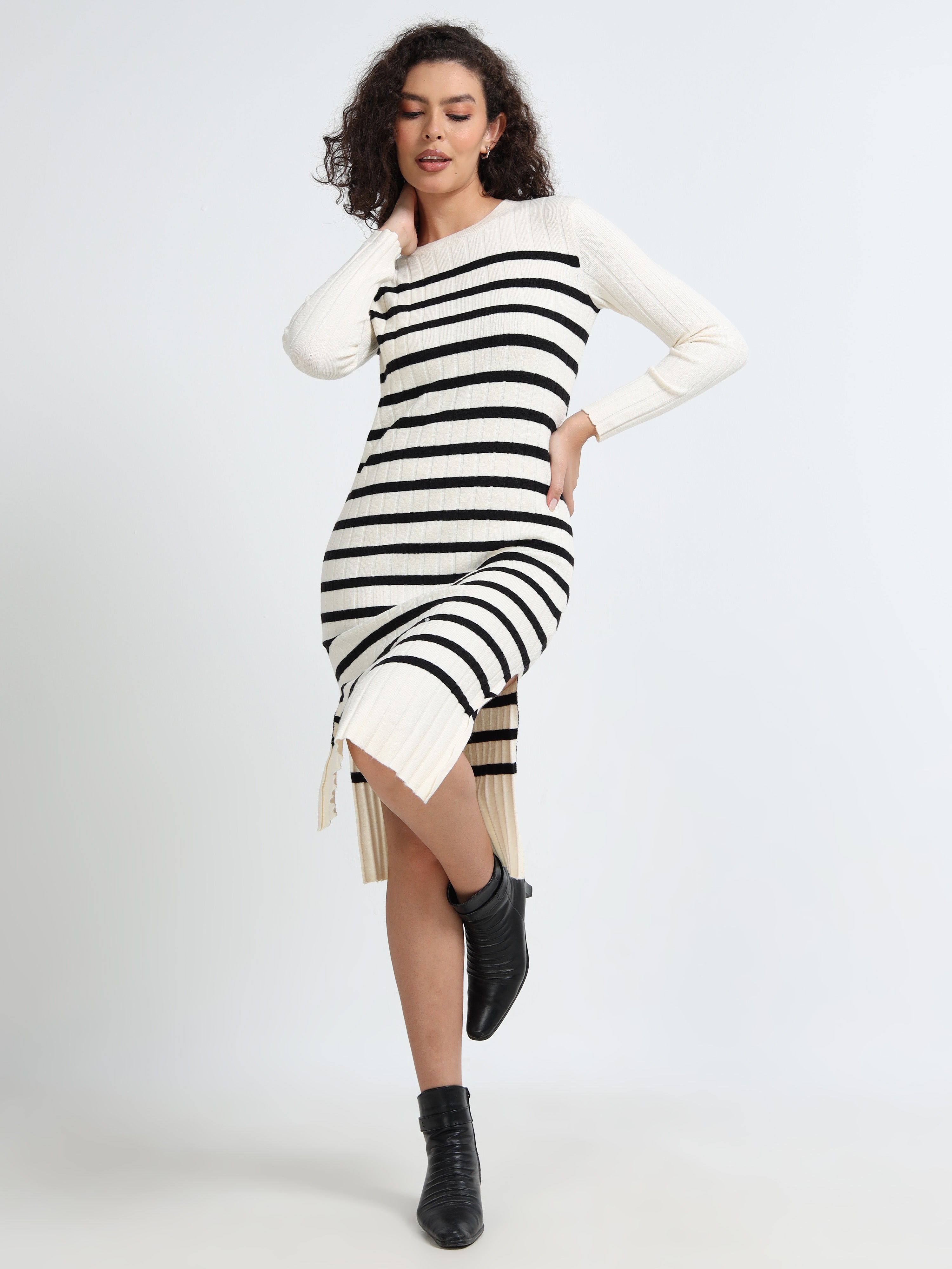 Women Black Stripe Winter Dress