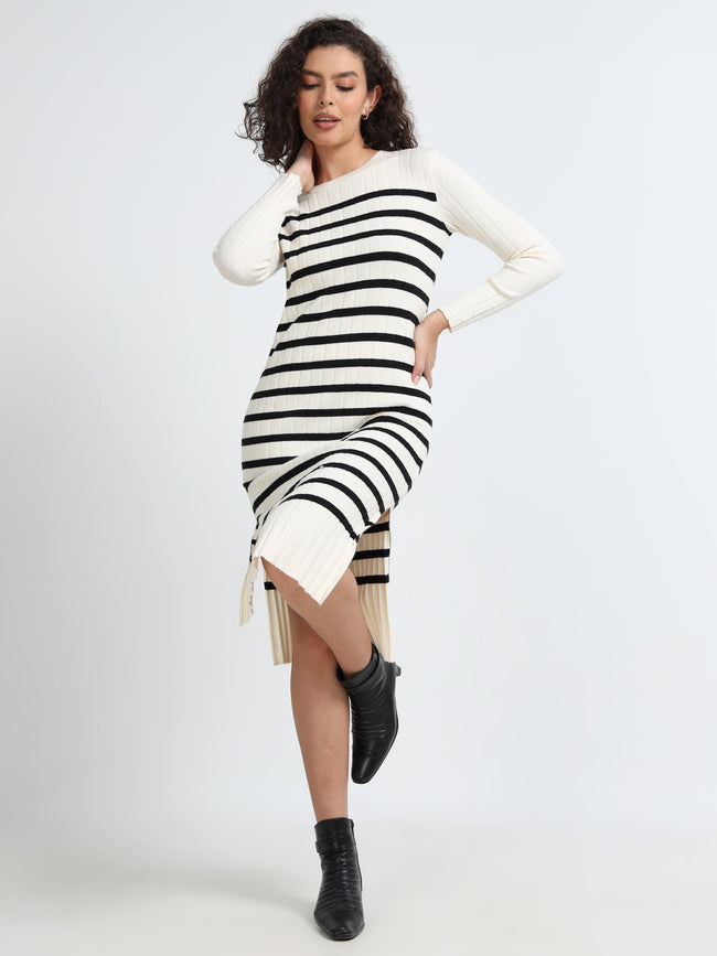 Women Black Stripe Winter Dress