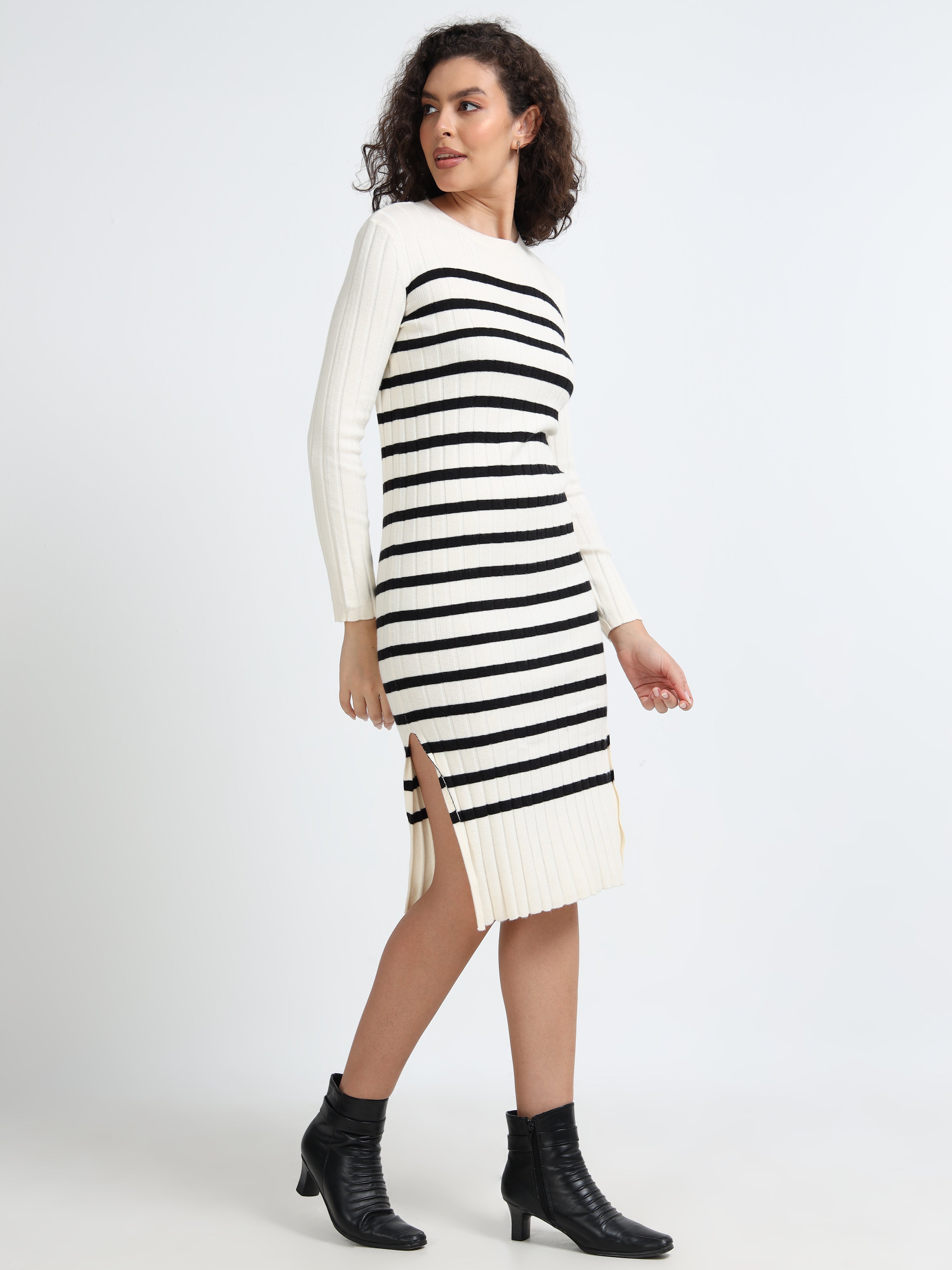 Women Black Stripe Winter Dress