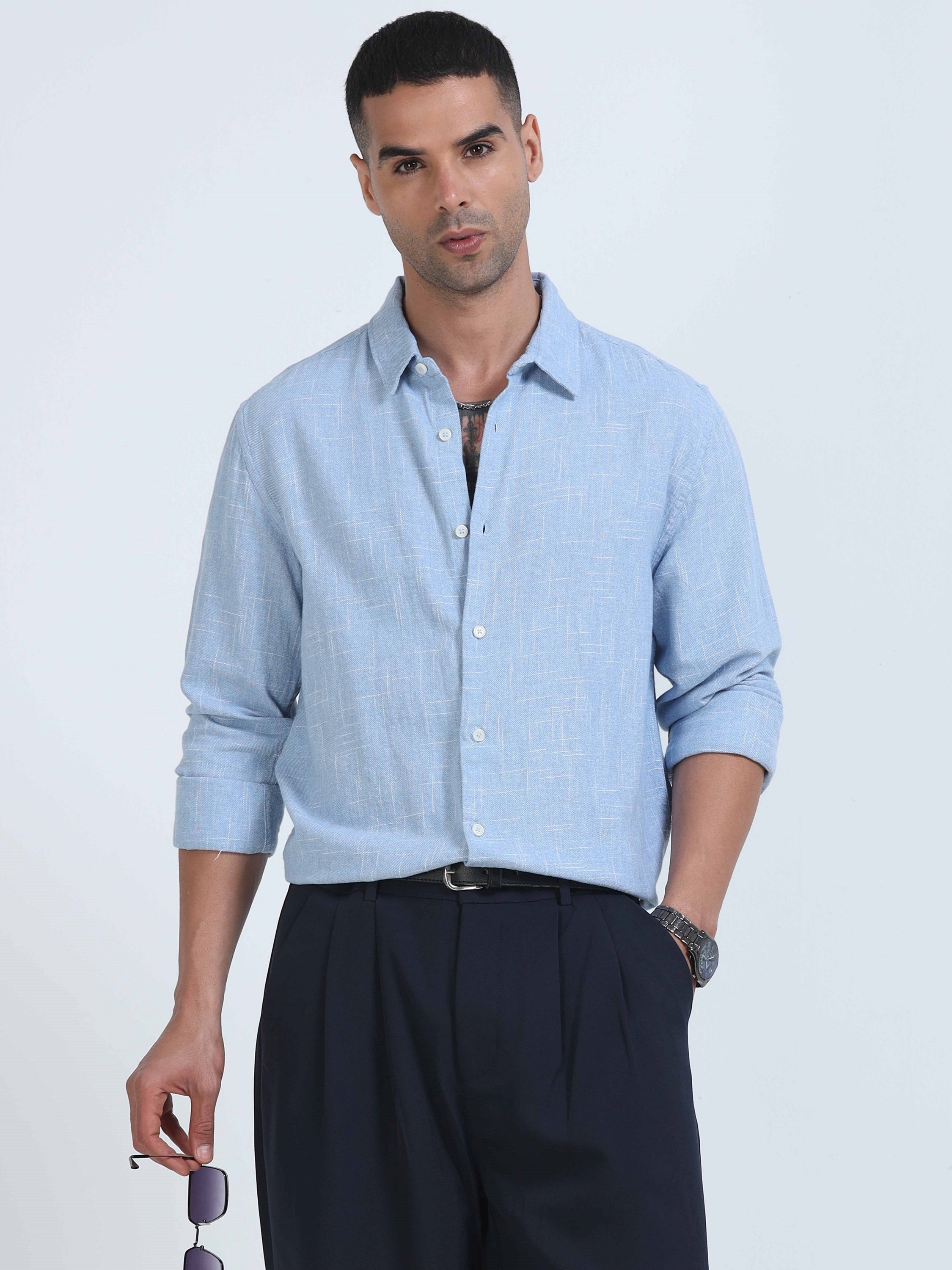 Men Light Blue Slub Textured Shirt