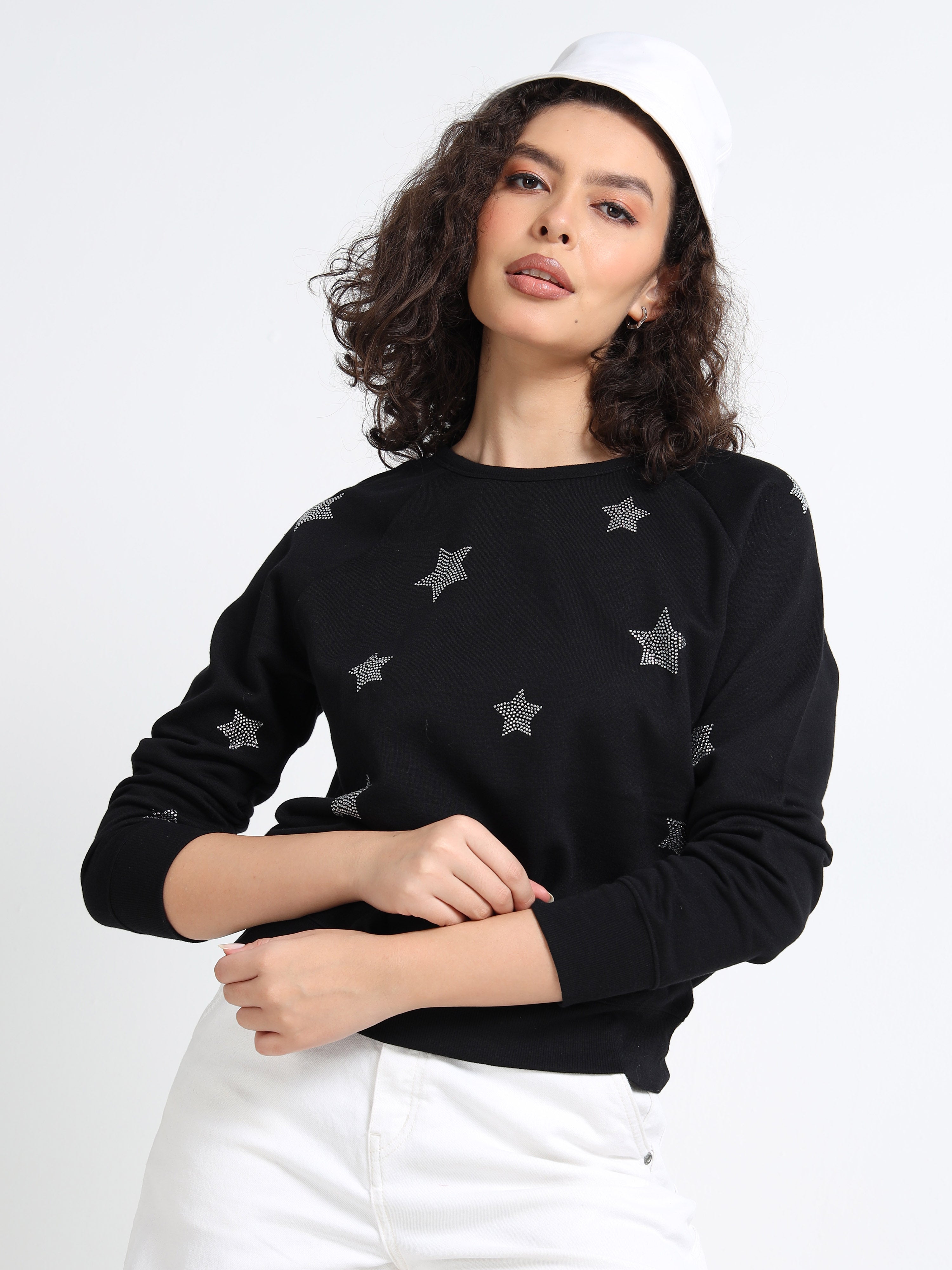 Women Black Silver Star Sweater