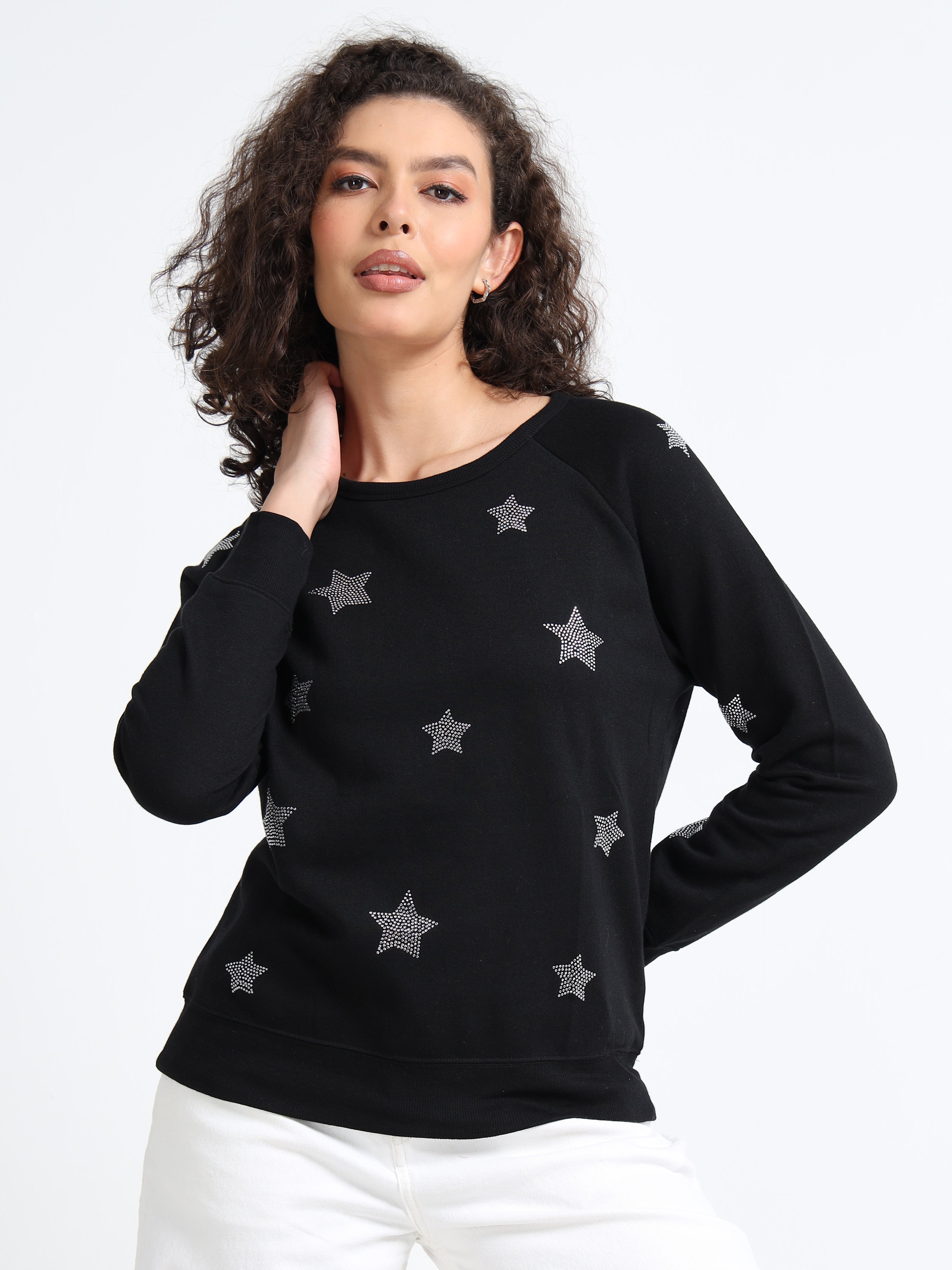 Women Black Silver Star Sweater