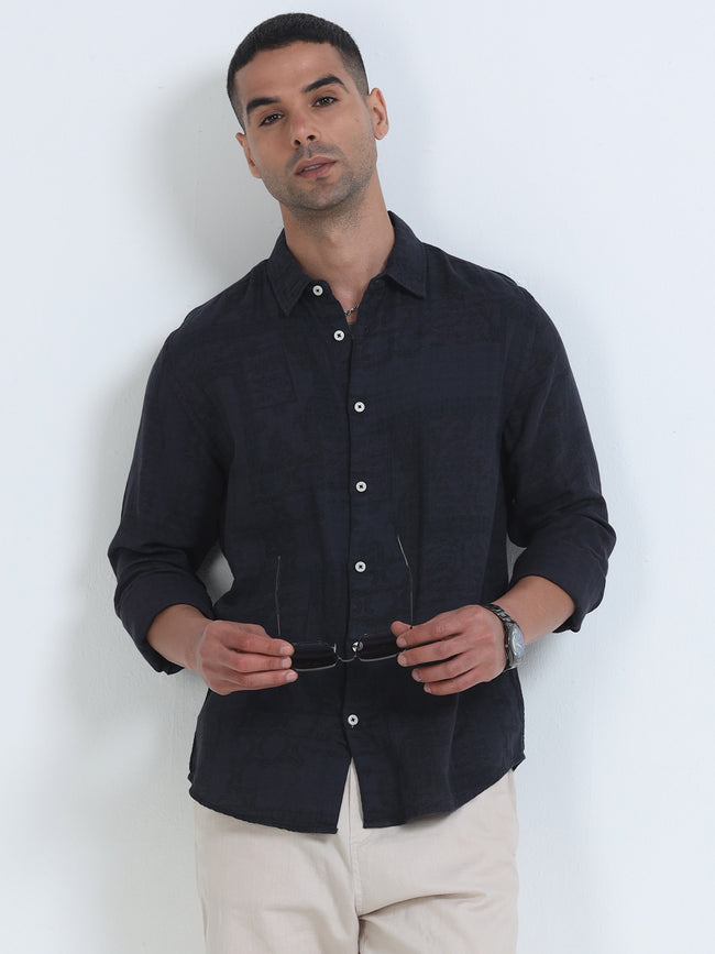 Men Navy Printed Overdyed Shirt