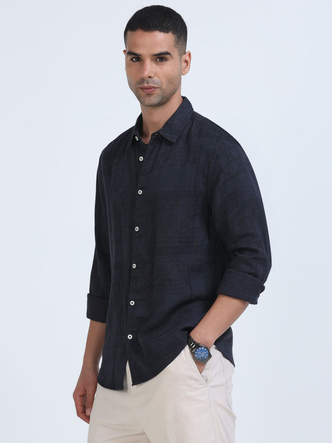 Men Navy Printed Overdyed Shirt