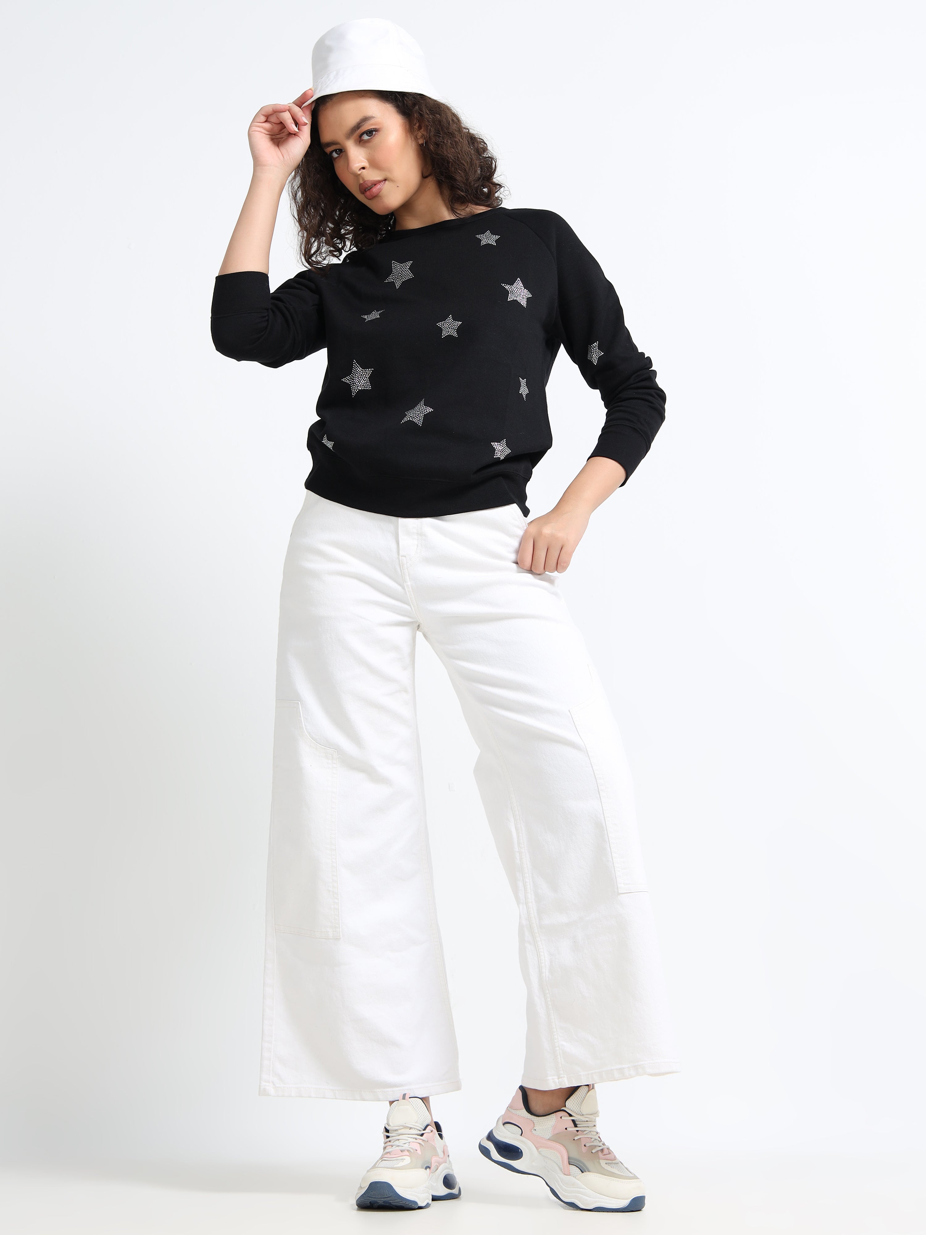 Women Black Silver Star Sweater