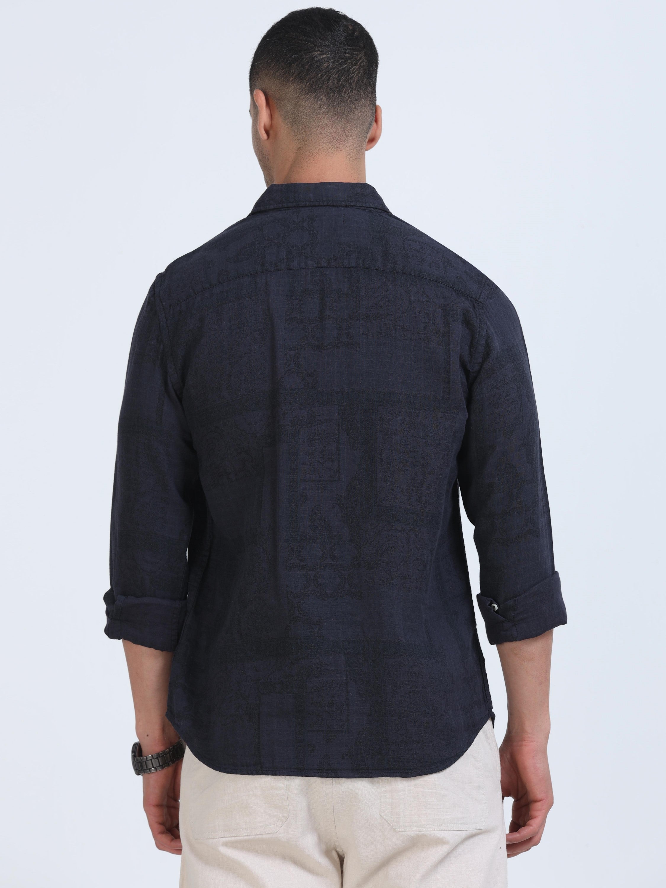 Men Navy Printed Overdyed Shirt
