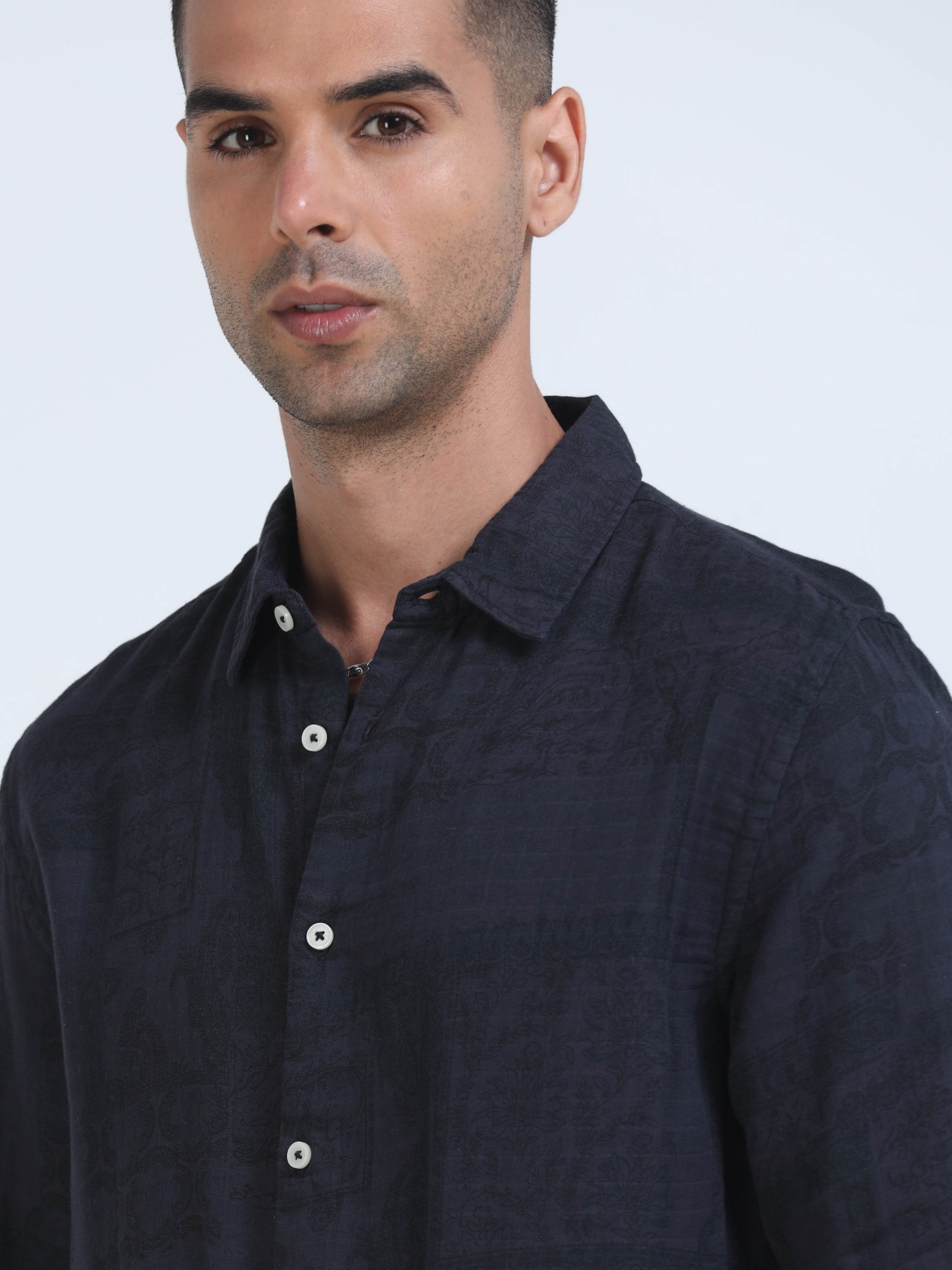 Men Navy Printed Overdyed Shirt