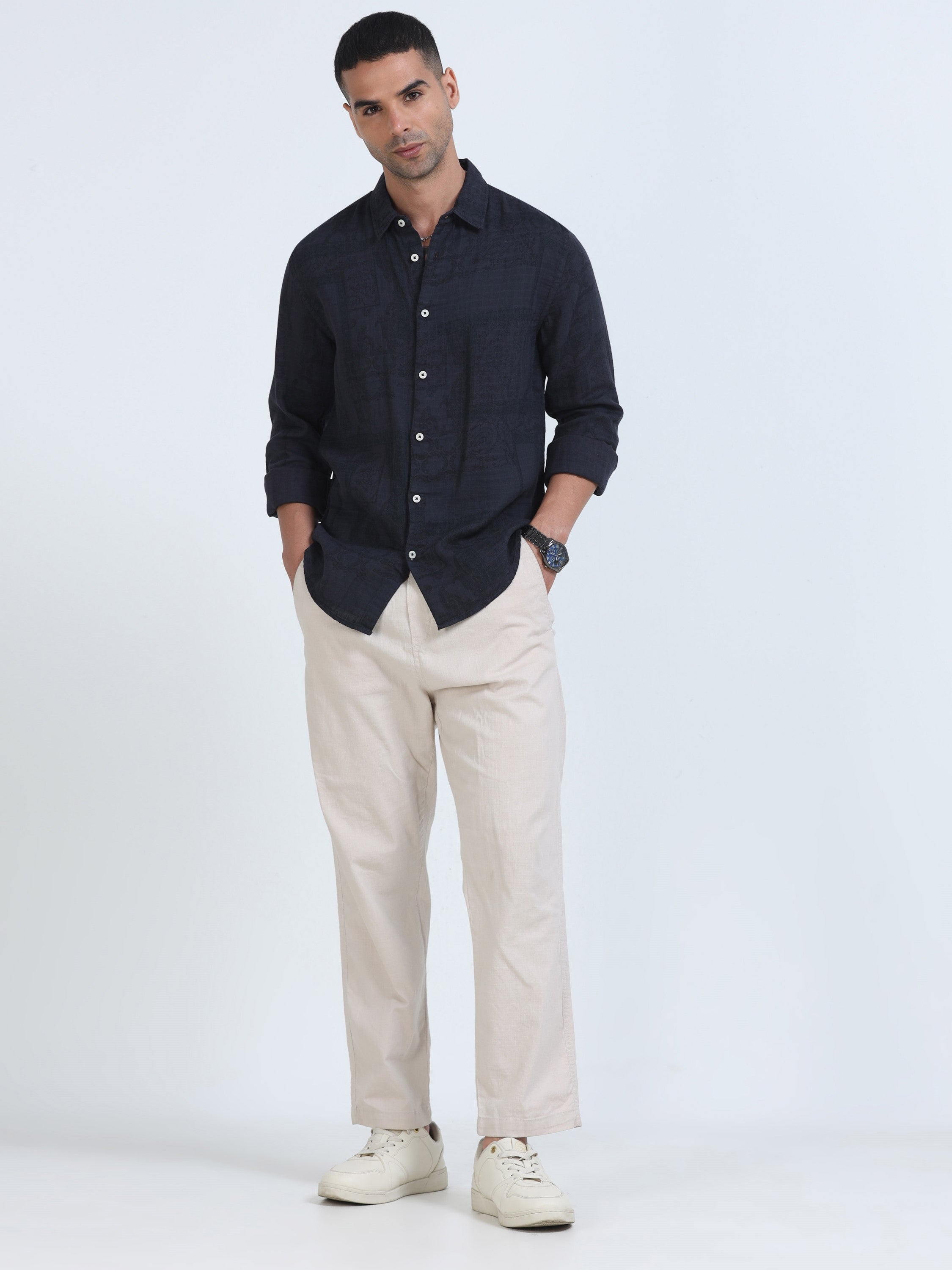 Men Navy Printed Overdyed Shirt