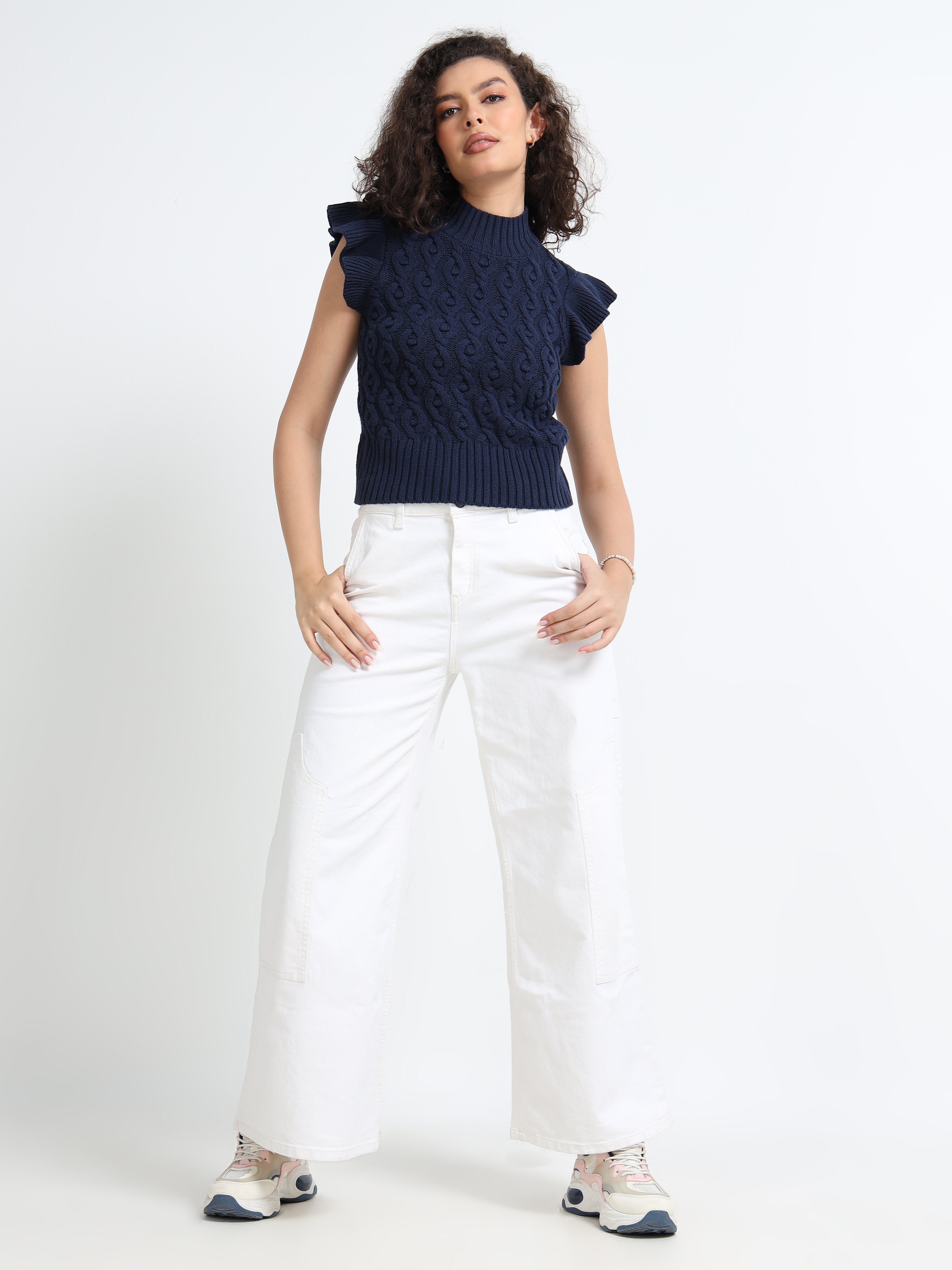 Women Navy Cable Knit Sweater