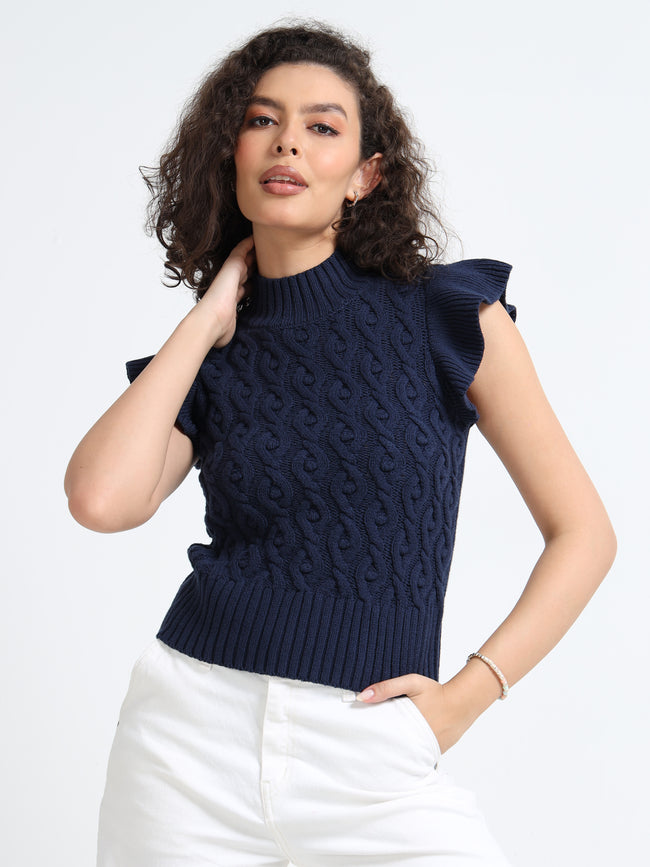 Women Navy Cable Knit Sweater
