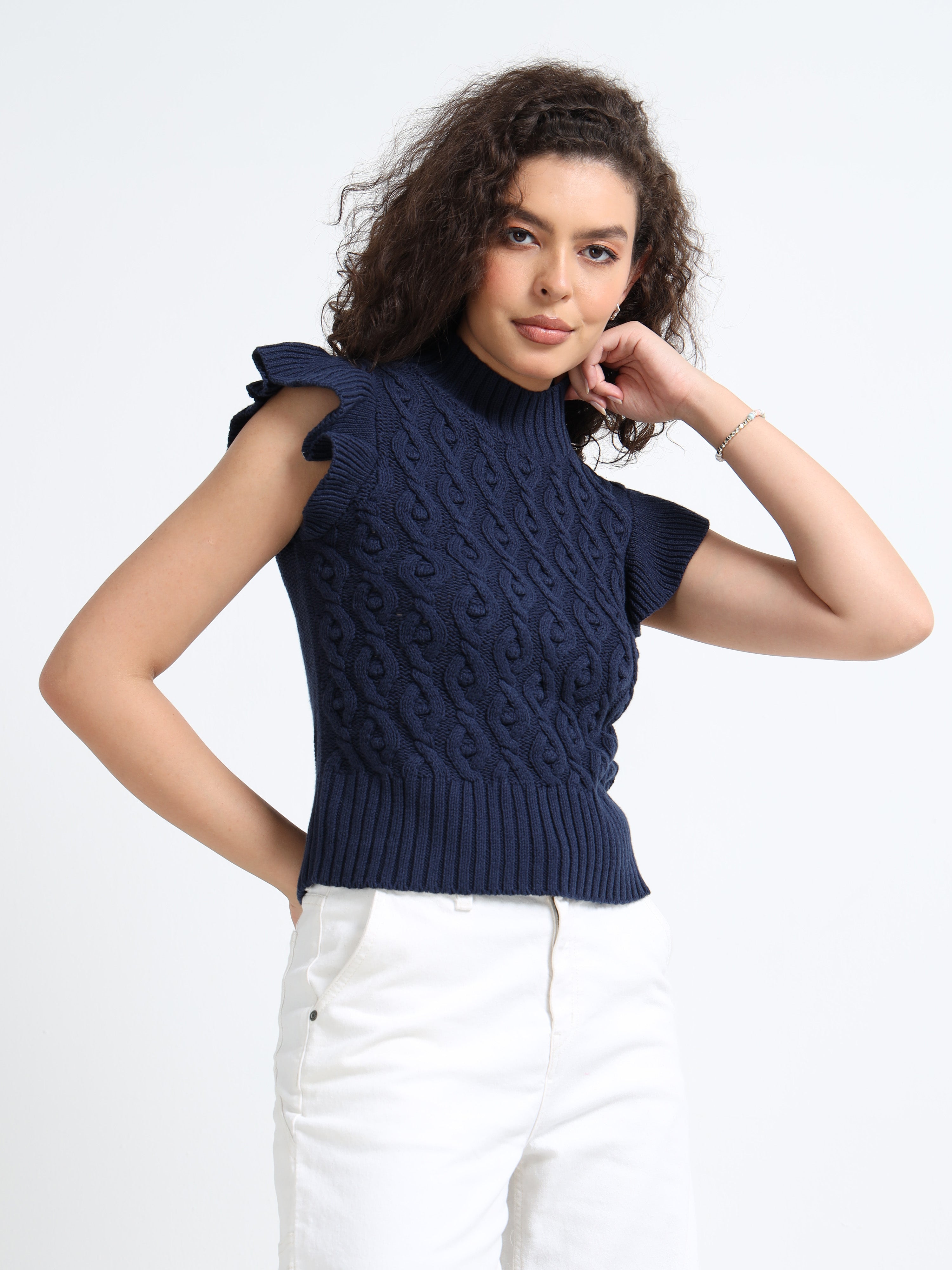 Women Navy Cable Knit Sweater
