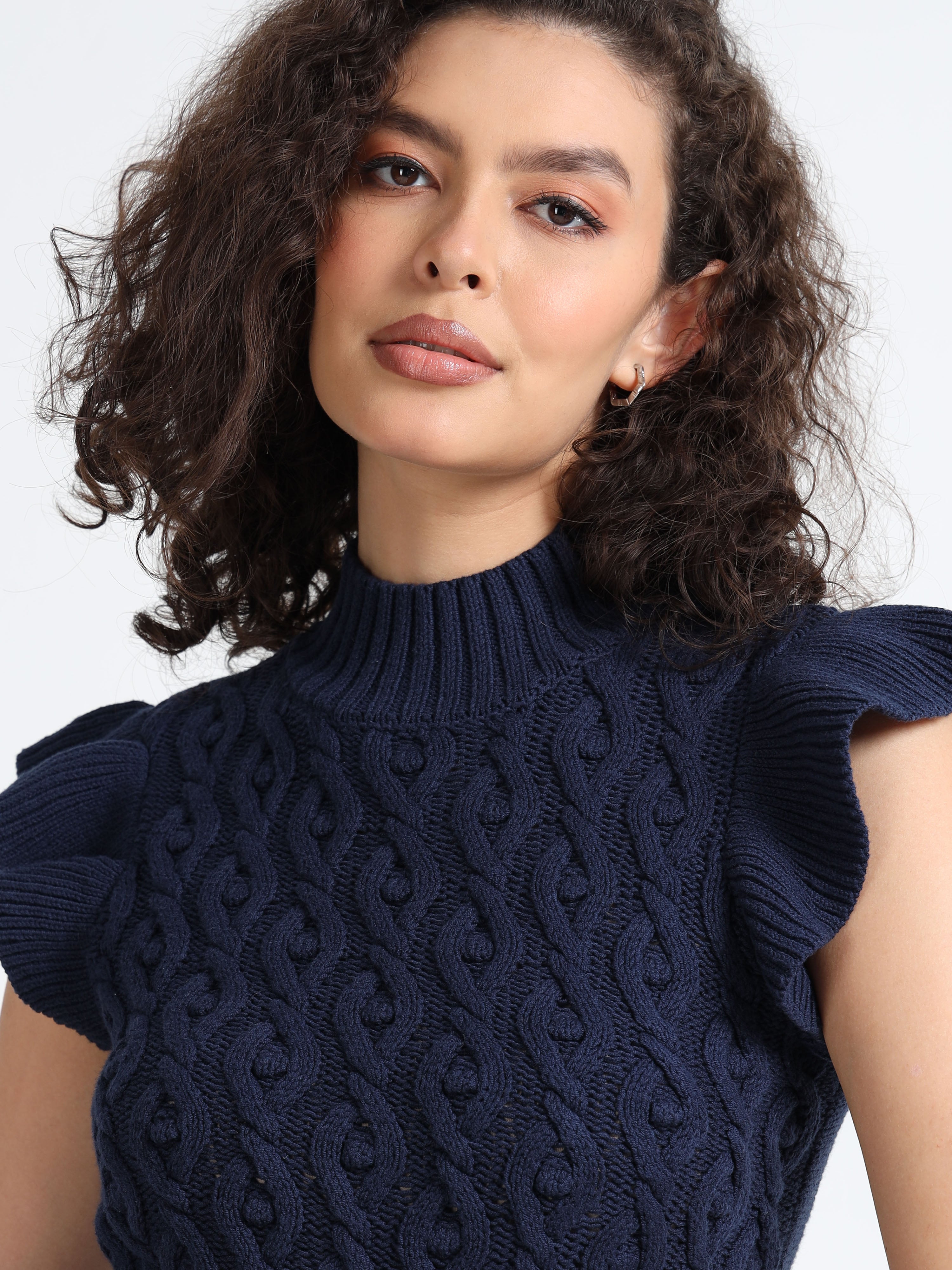 Women Navy Cable Knit Sweater